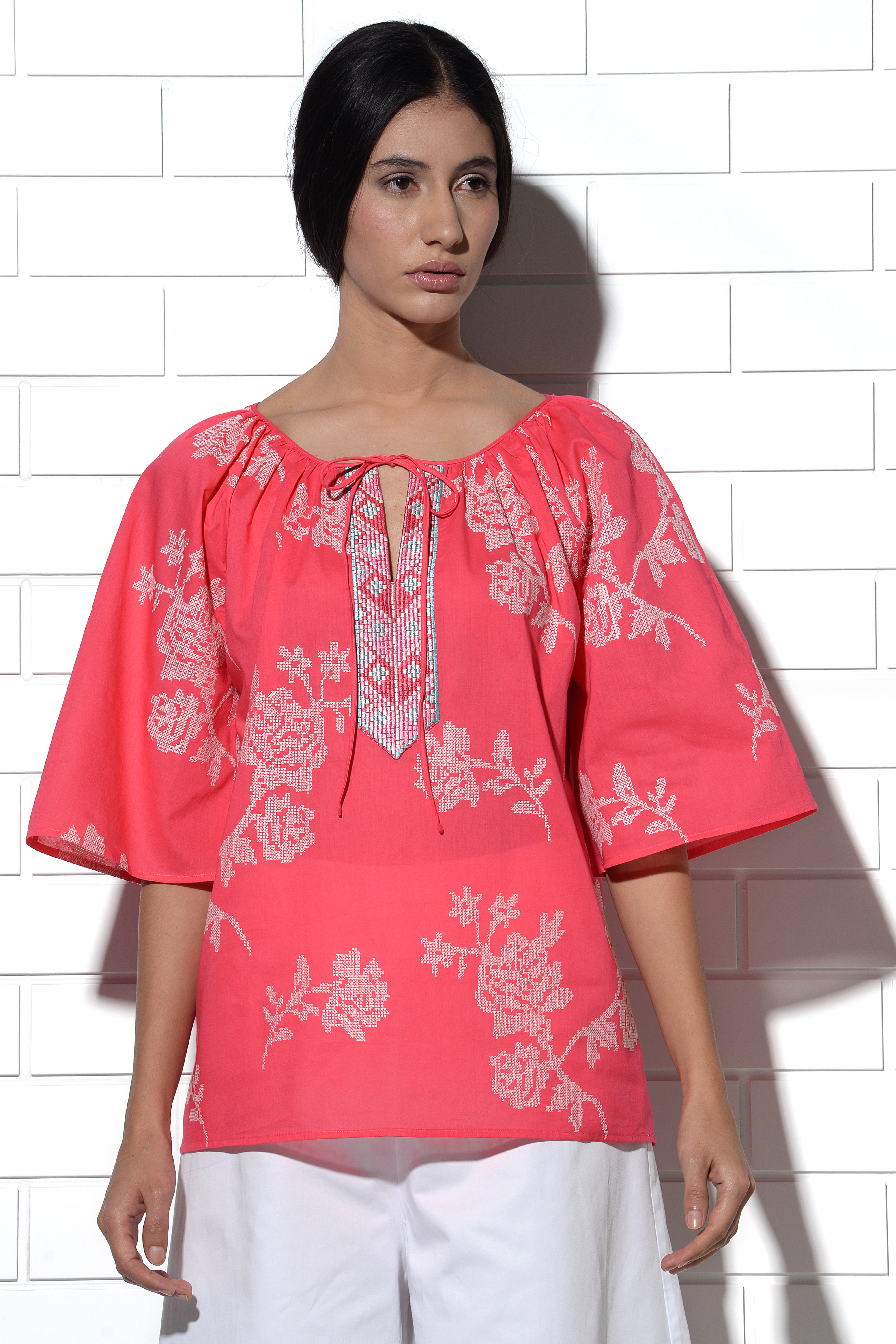 Paros gathered top in pink with rose embroidery
