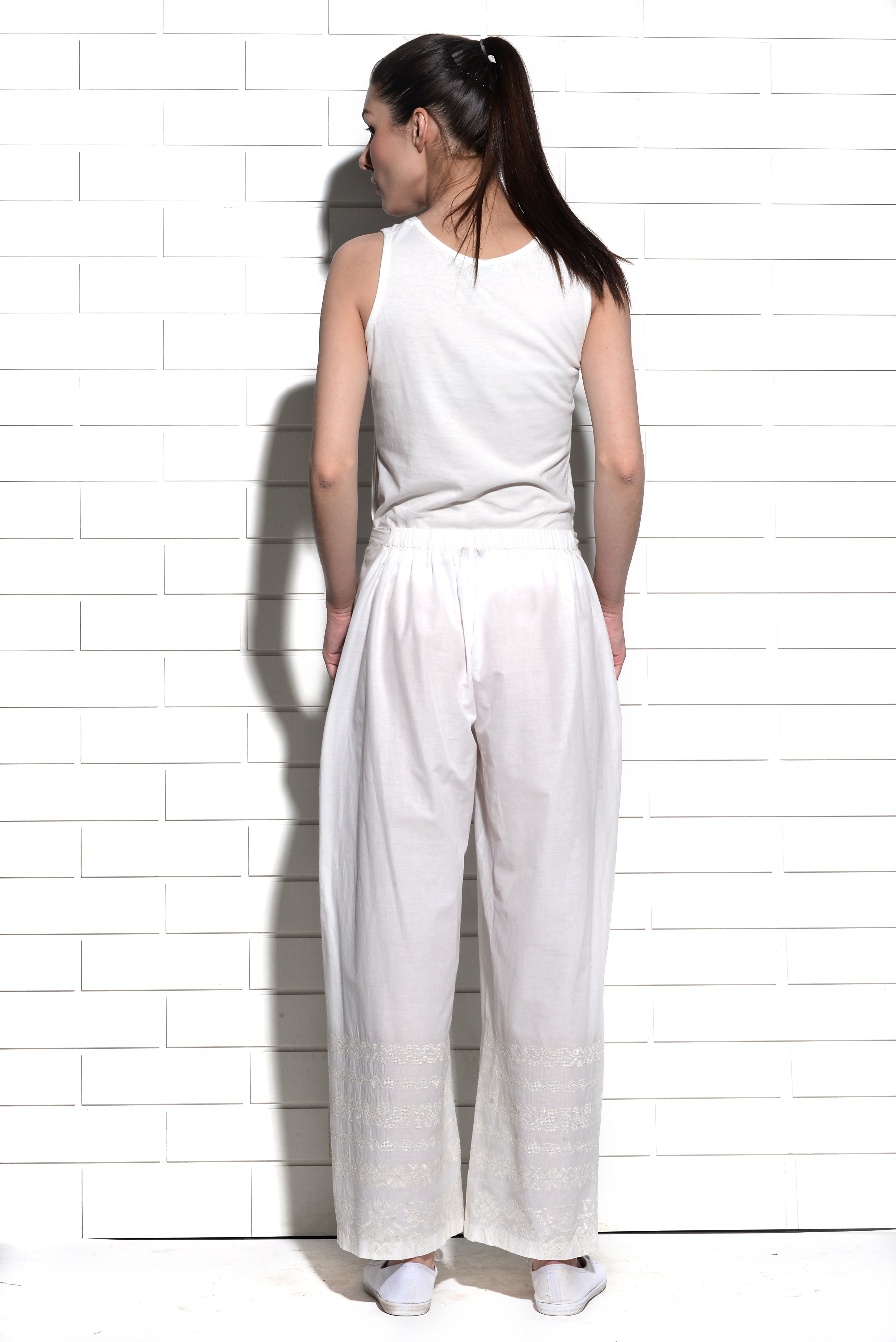 Chinook wide leg trouser with Cross stitch border embroidery