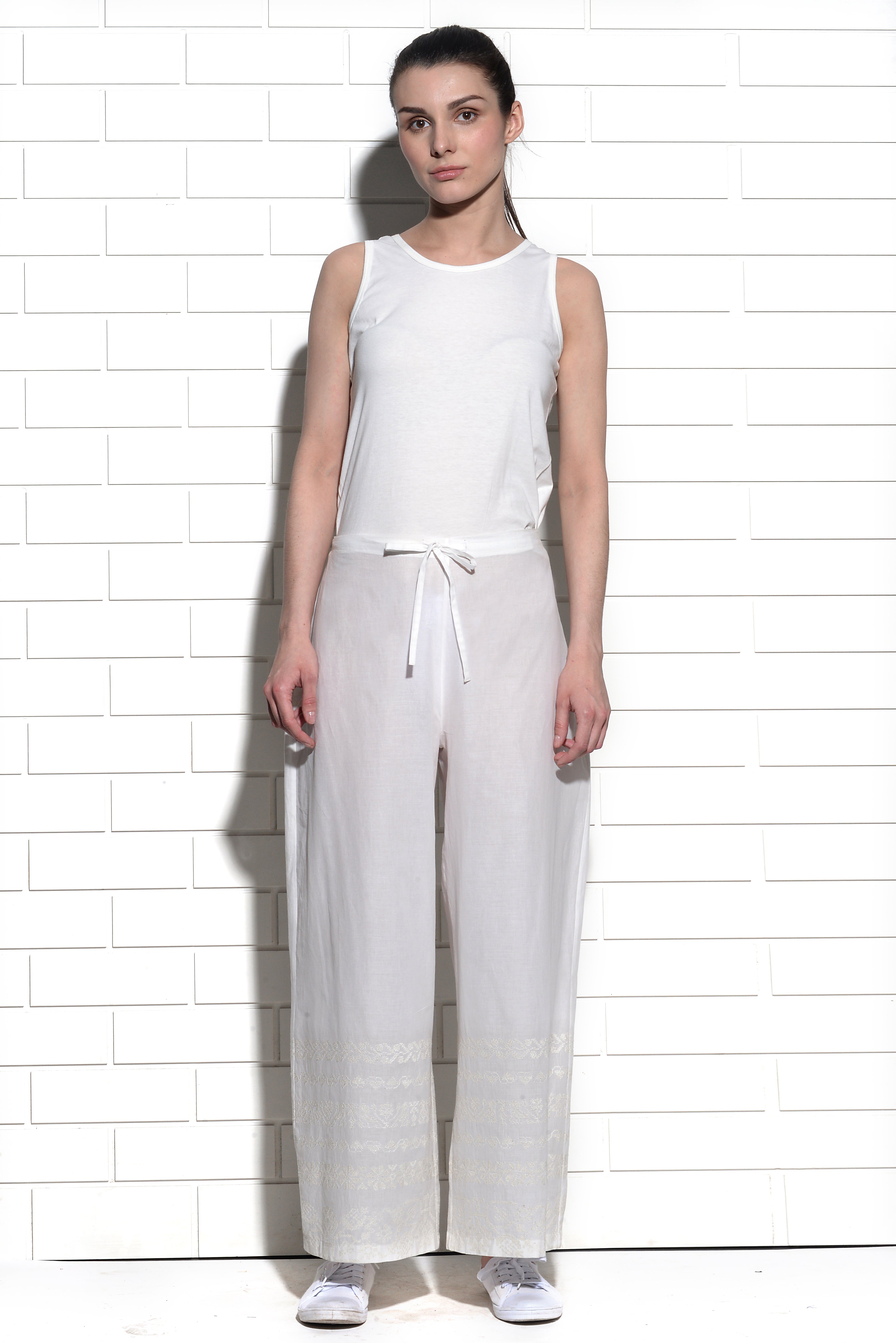 Chinook wide leg trouser with Cross stitch border embroidery