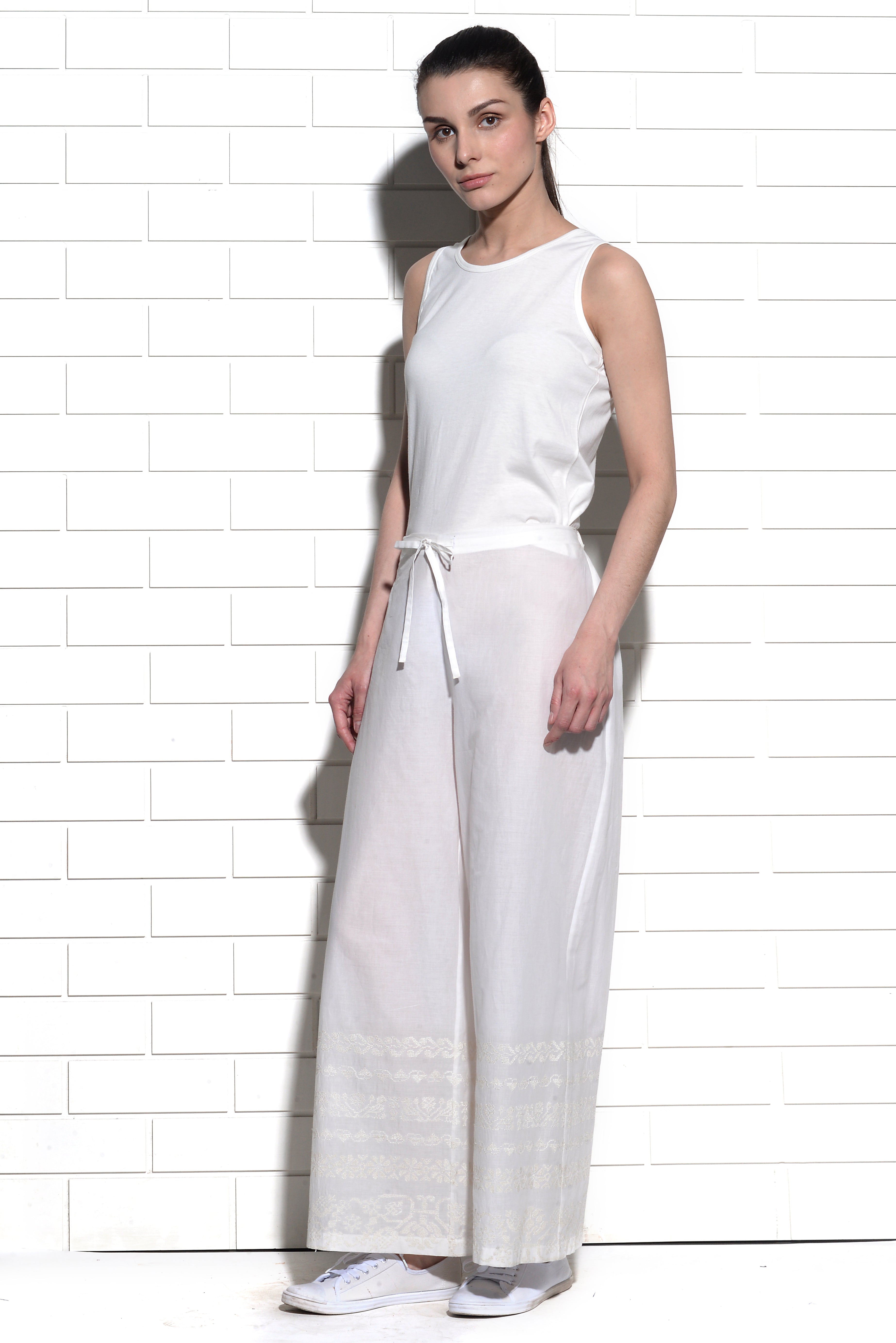 Chinook wide leg trouser with Cross stitch border embroidery