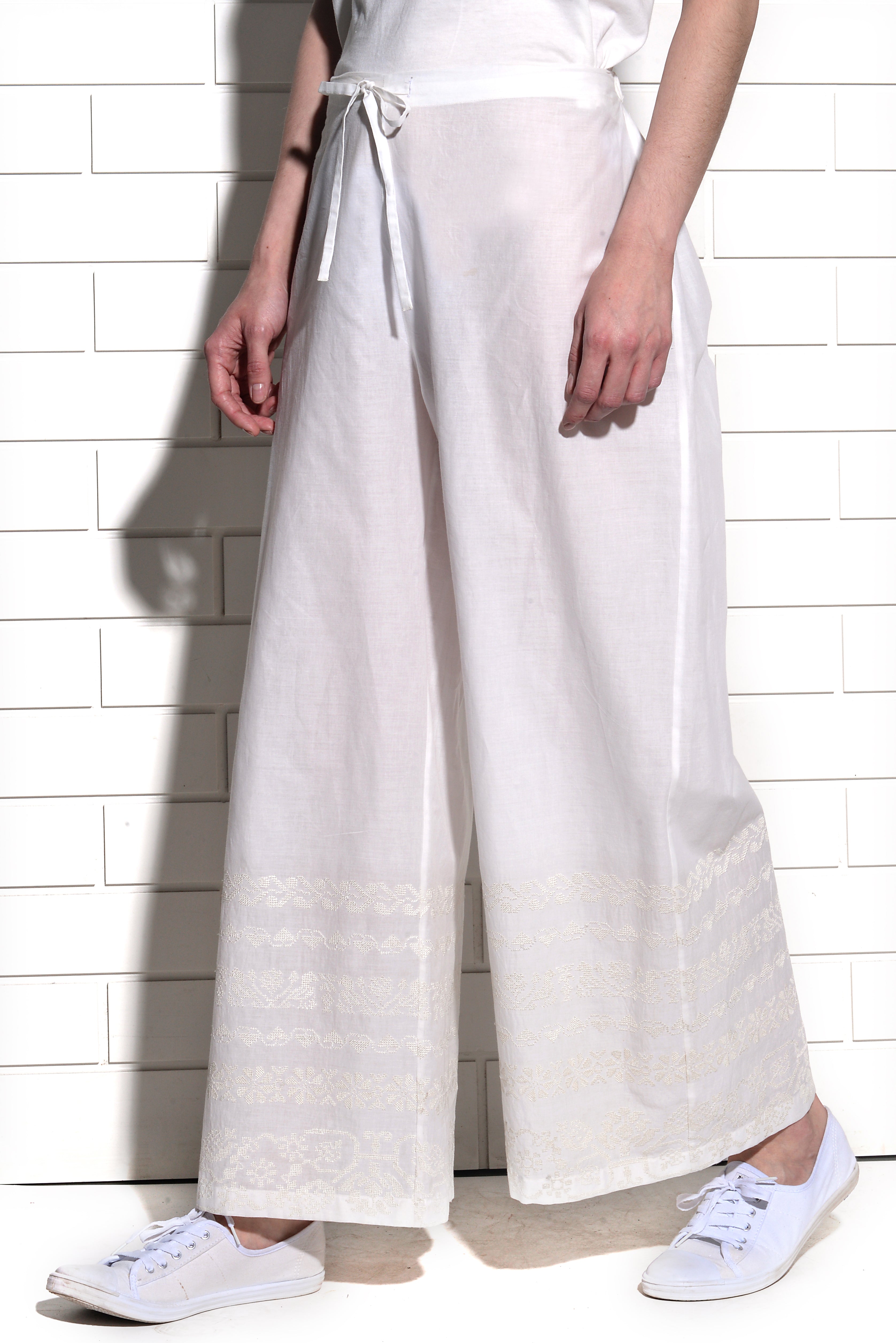 Chinook wide leg trouser with Cross stitch border embroidery