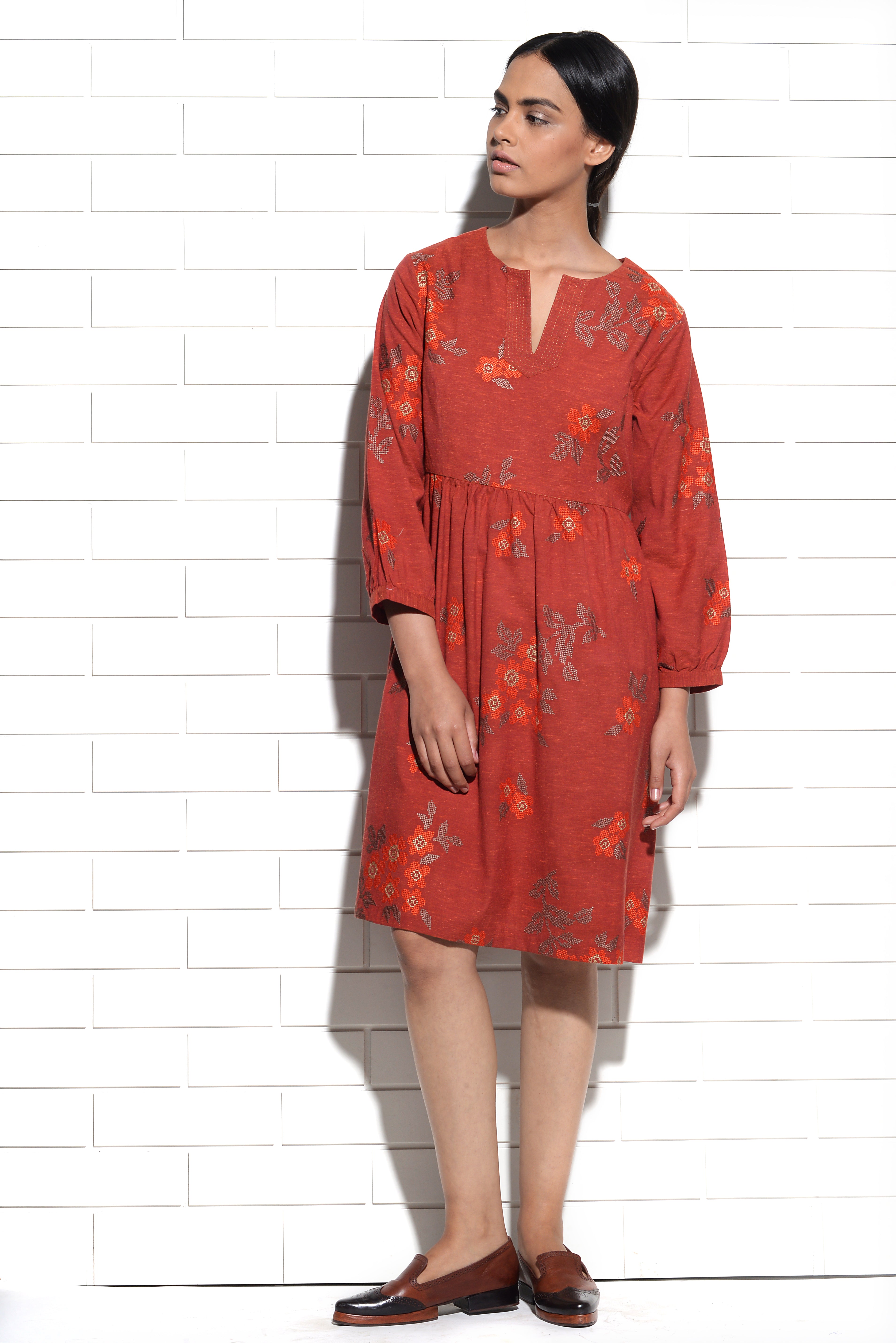 Burnt orange Celosia Dress with cross stitch embroidery
