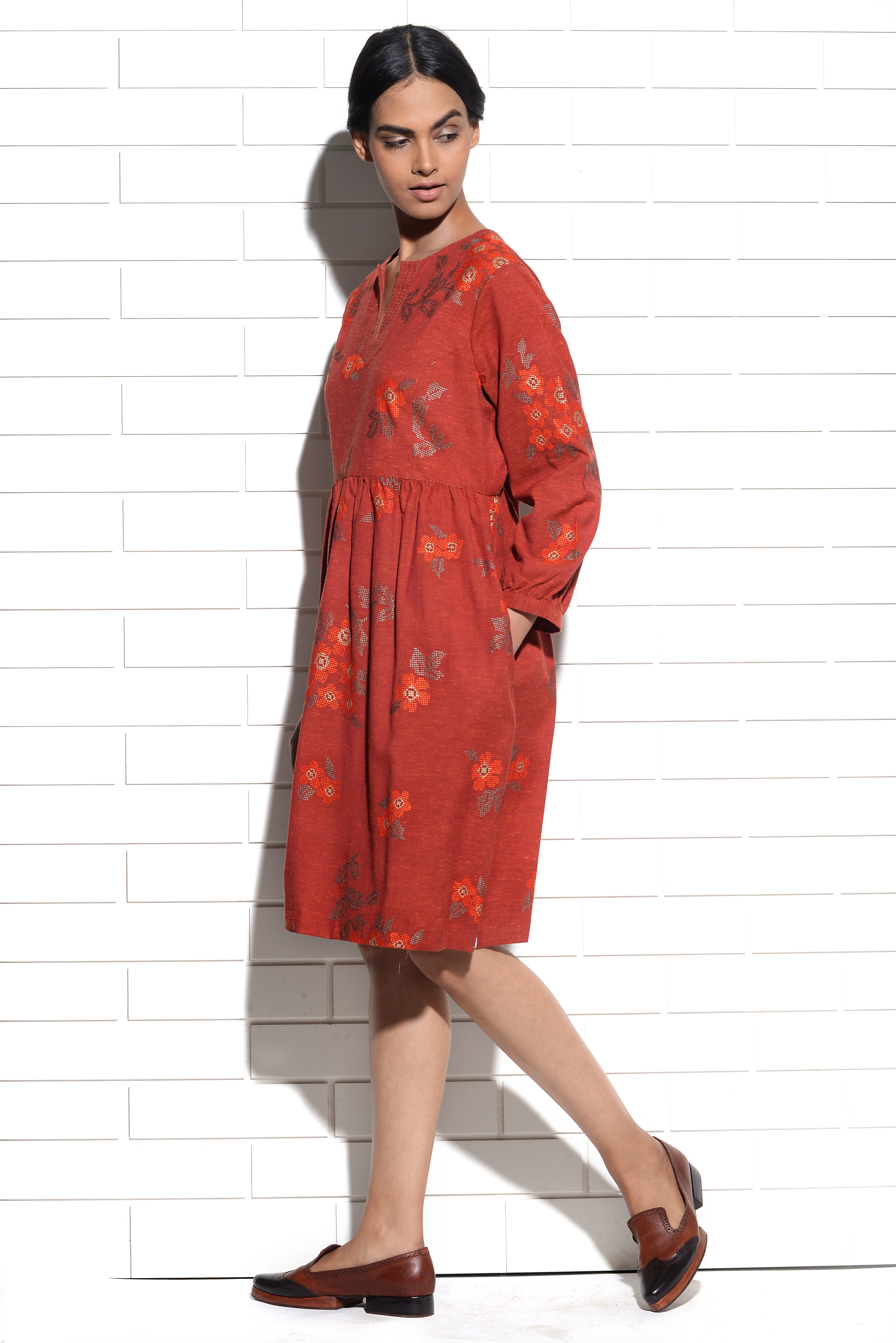 Burnt orange Celosia Dress with cross stitch embroidery