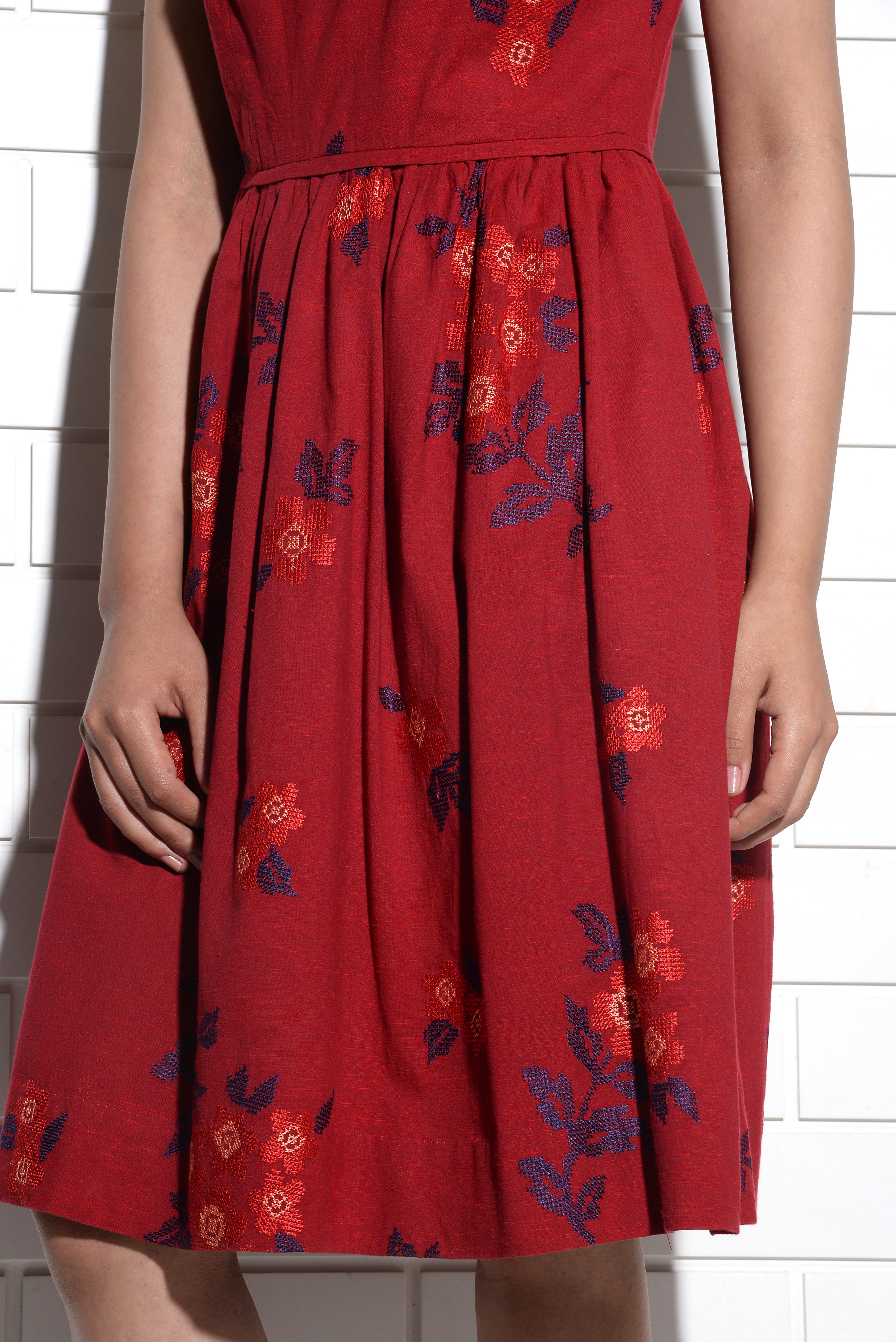 Bordeaux Periwinkle Dress with cross stitch embroidery