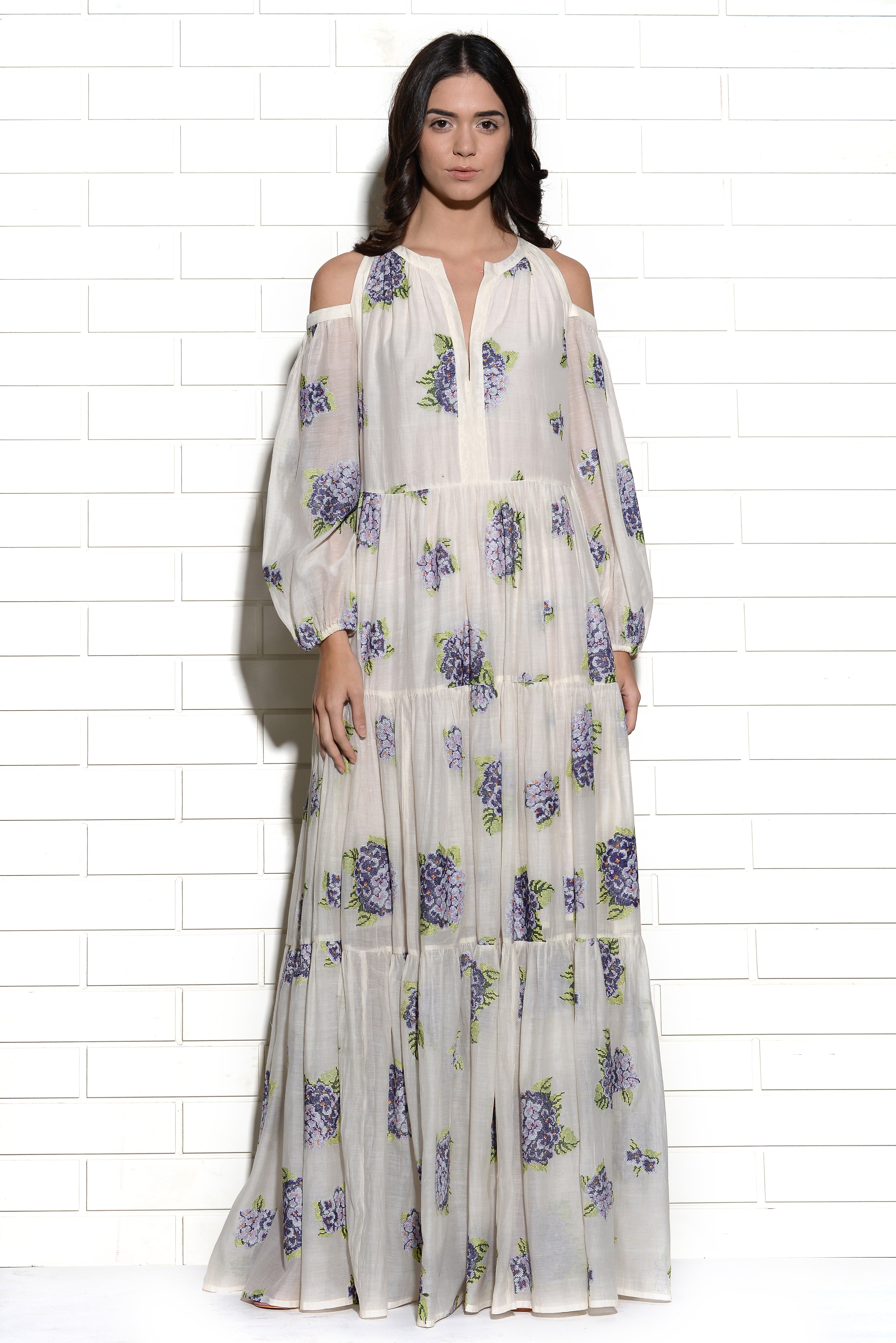 Diaphanous cold shoulder embroidered hydrangea dress