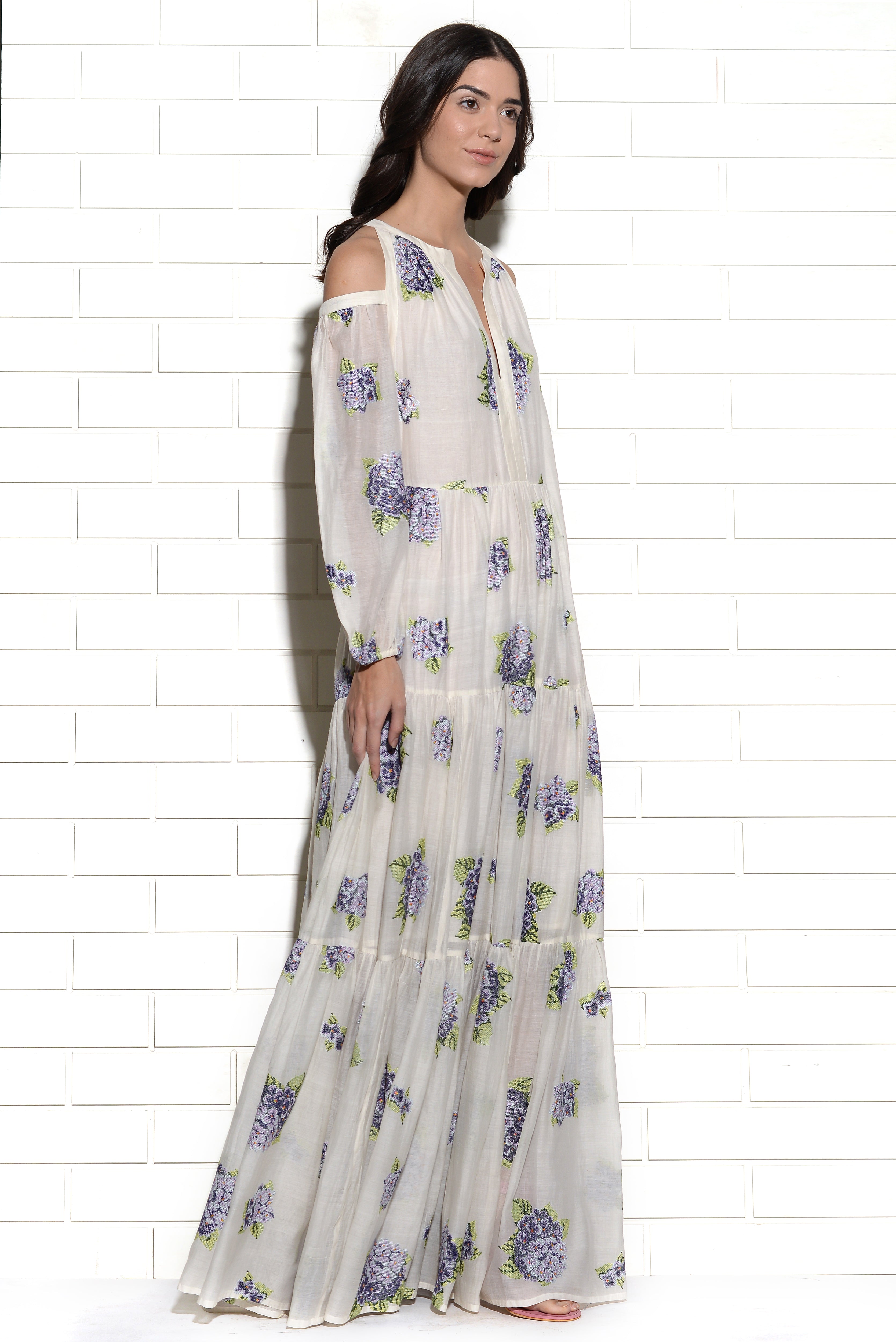 Diaphanous cold shoulder embroidered hydrangea dress