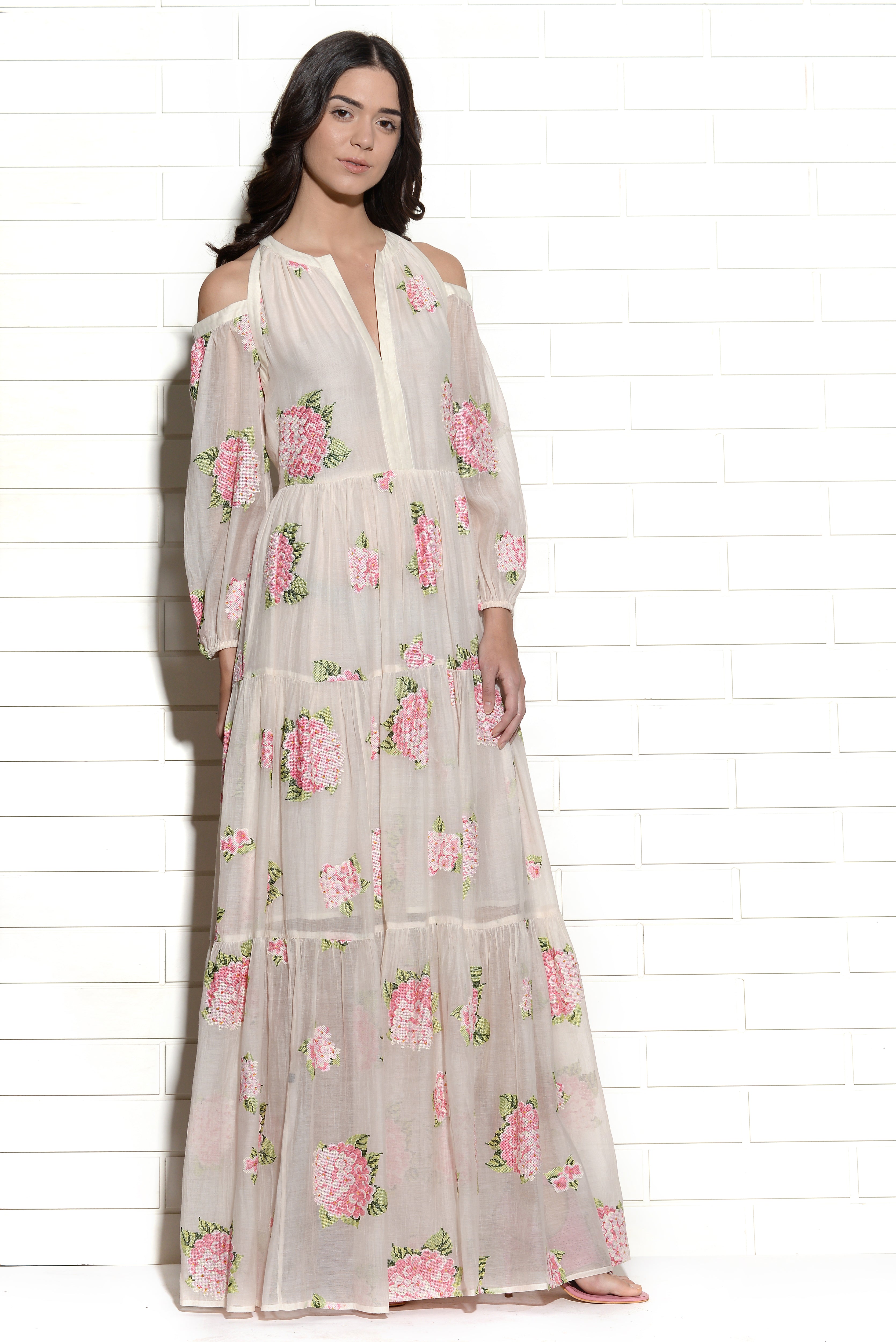Diaphanous cold shoulder embroidered hydrangea dress