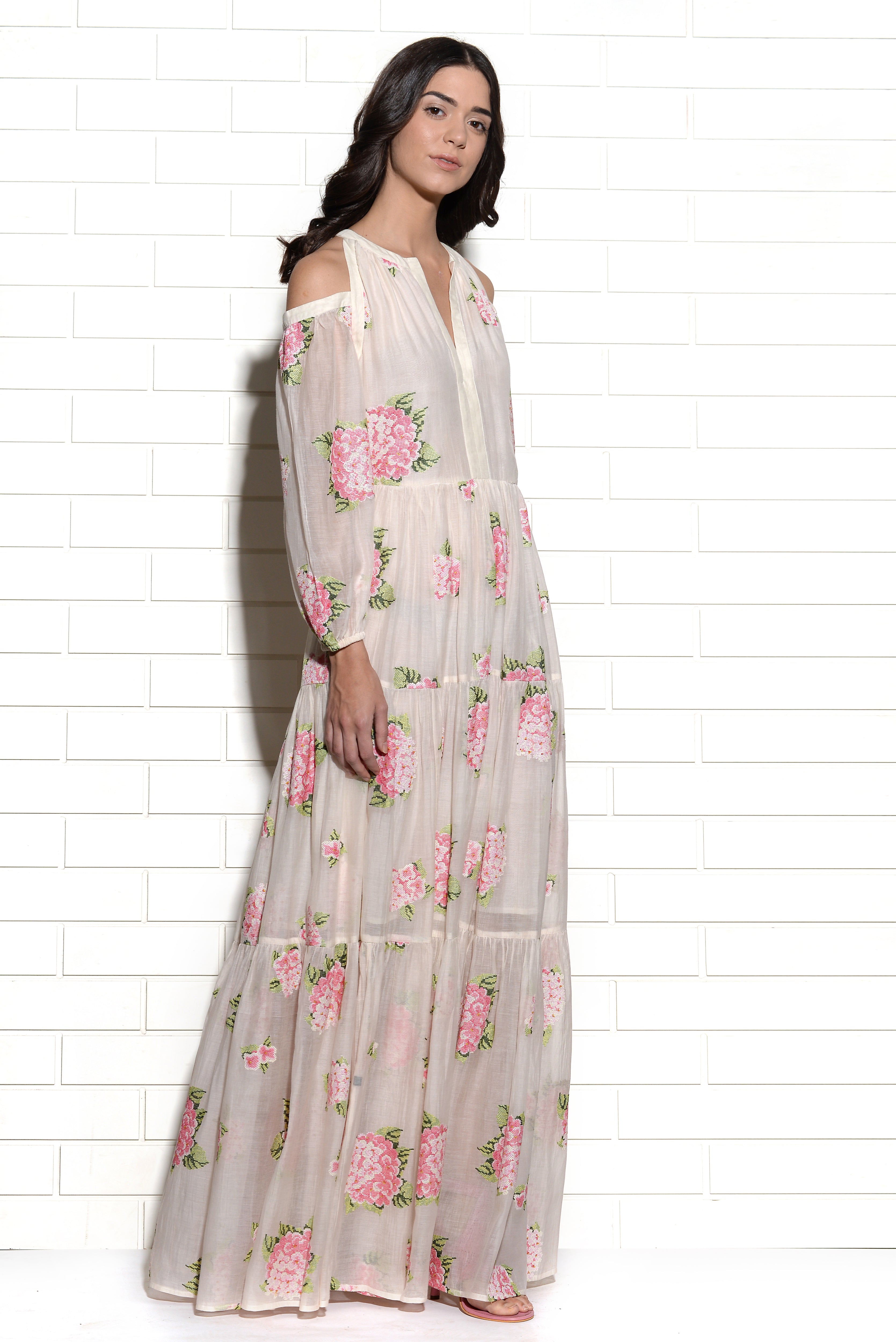 Diaphanous cold shoulder embroidered hydrangea dress