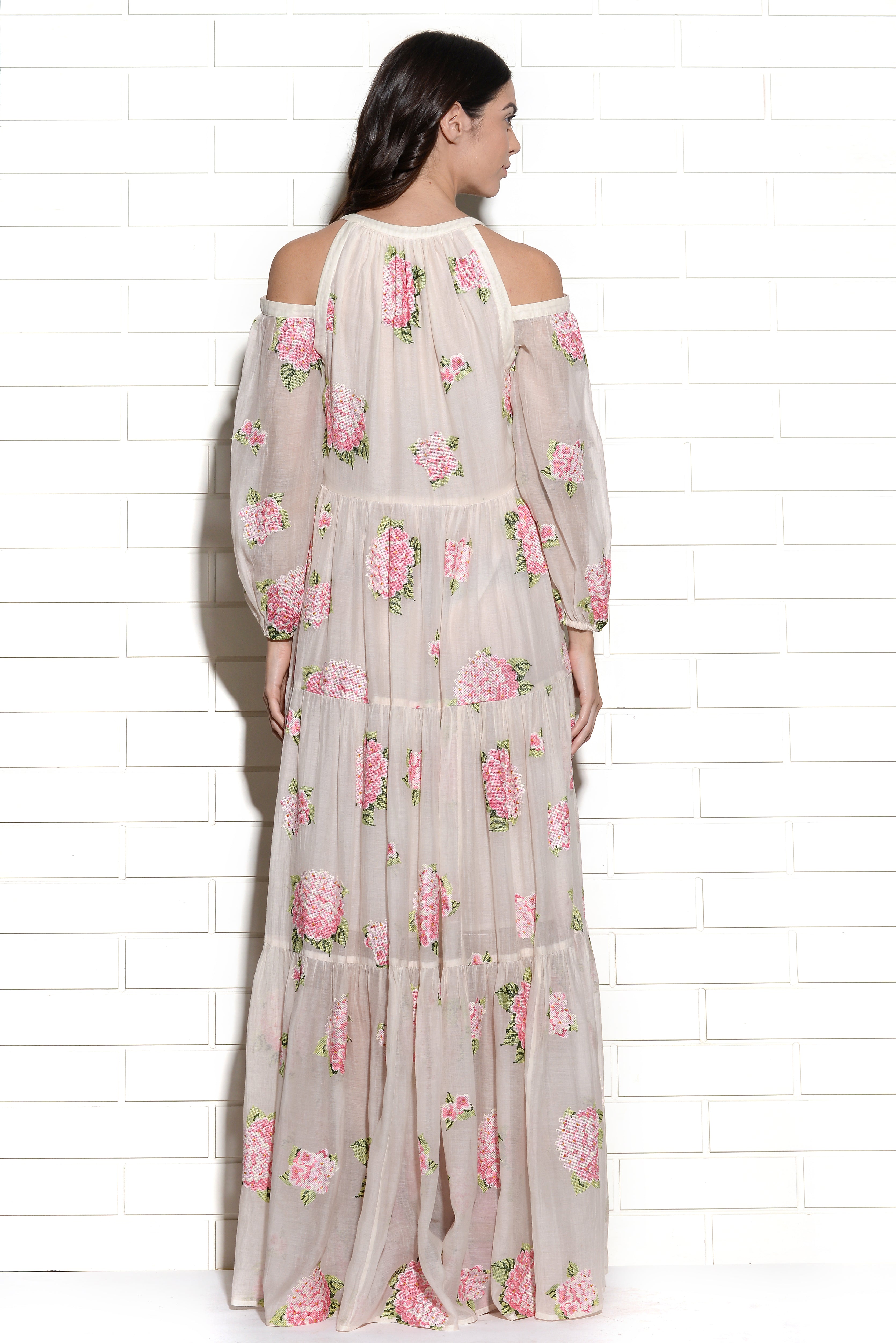 Diaphanous cold shoulder embroidered hydrangea dress