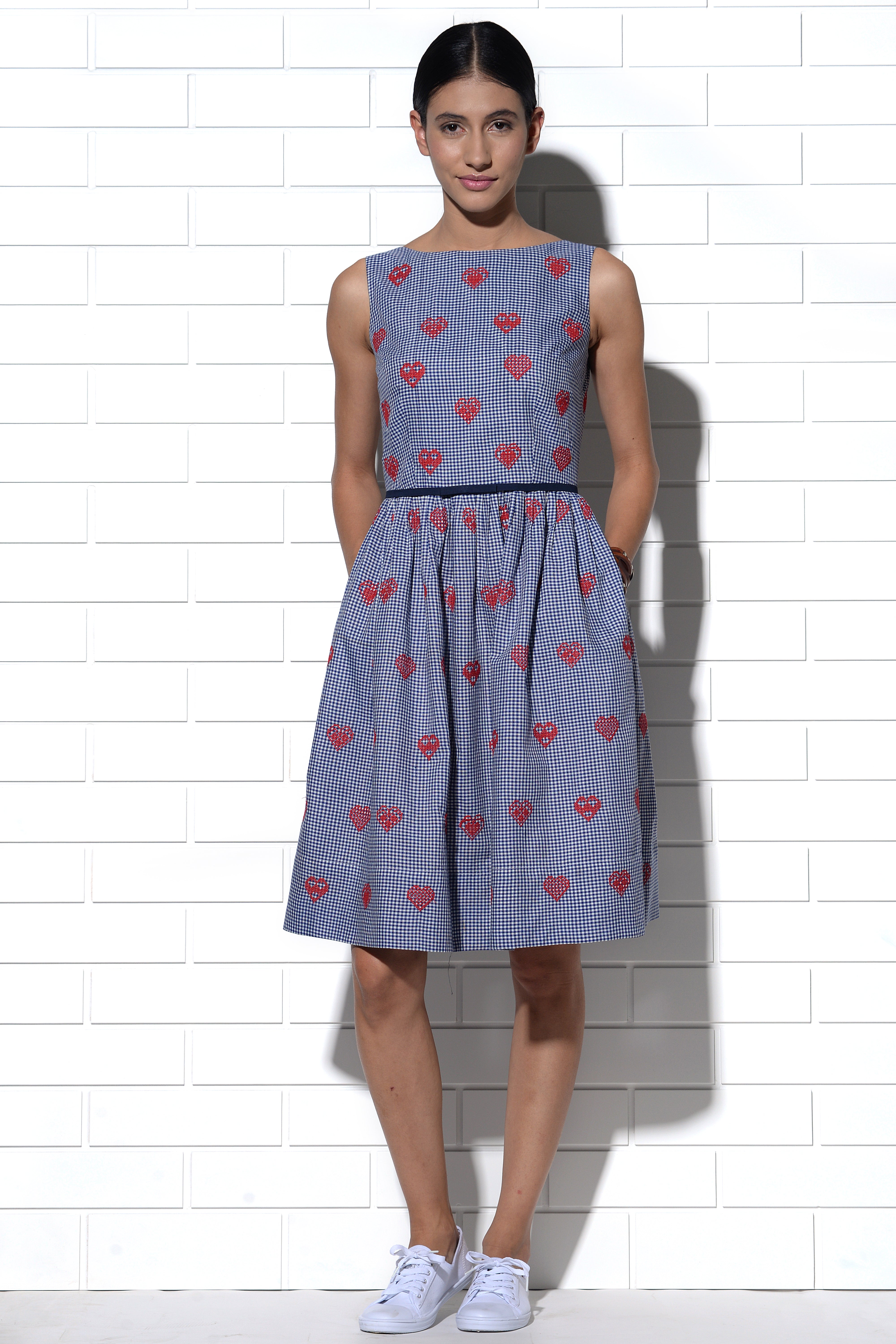 Rhodes gingham check dress with hearts embroidery