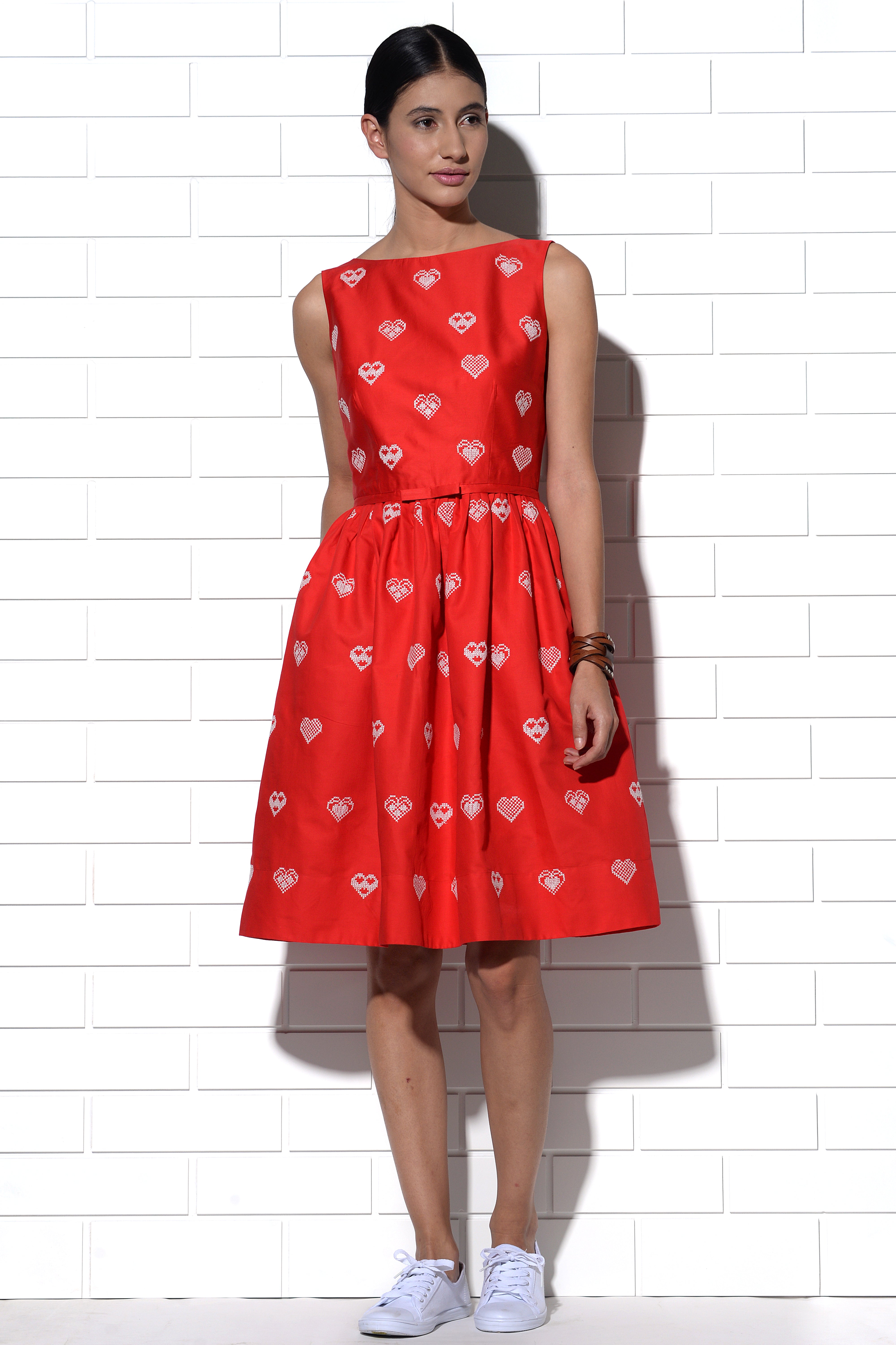 Rhodes red dress with hearts embroidery