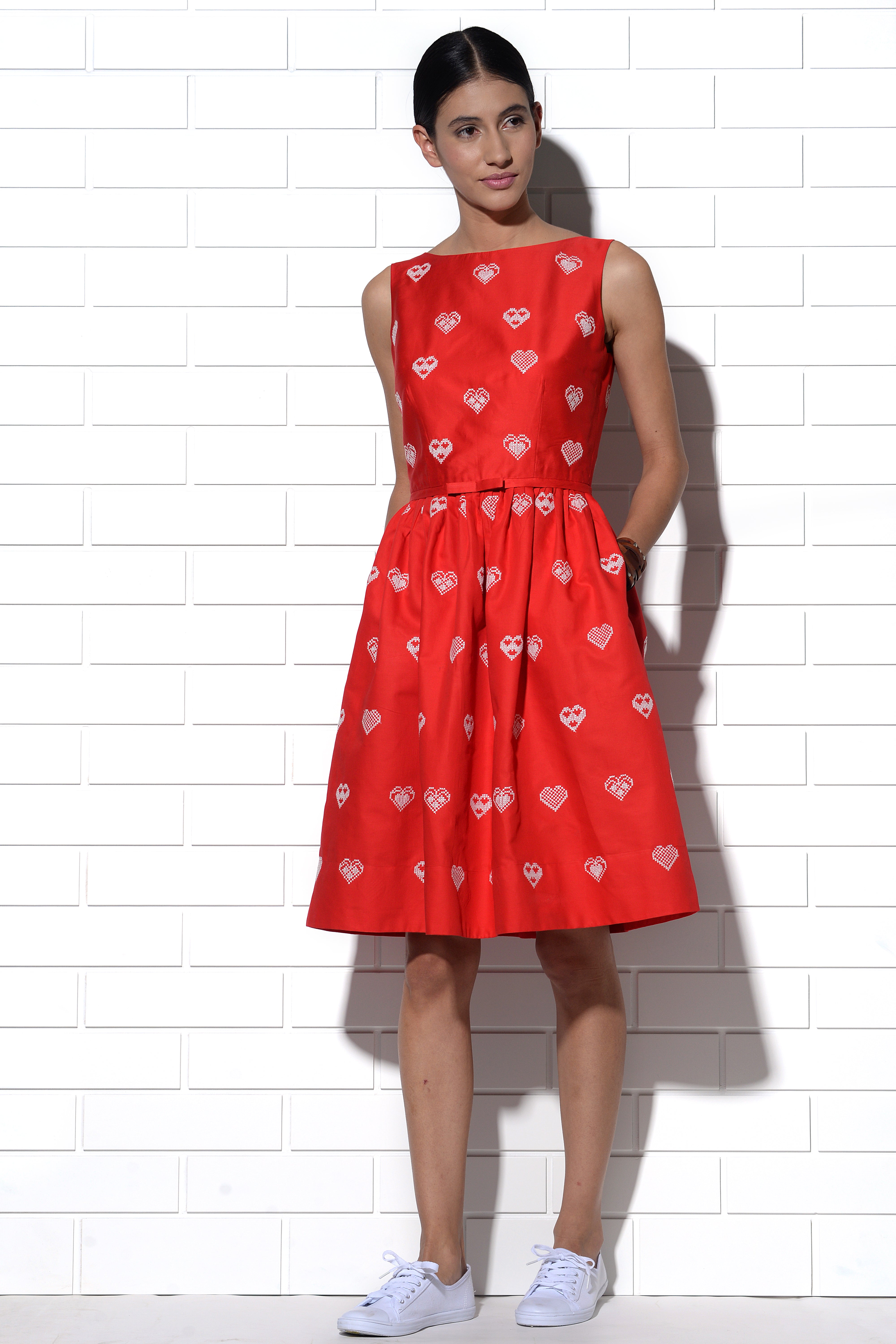 Rhodes red dress with hearts embroidery
