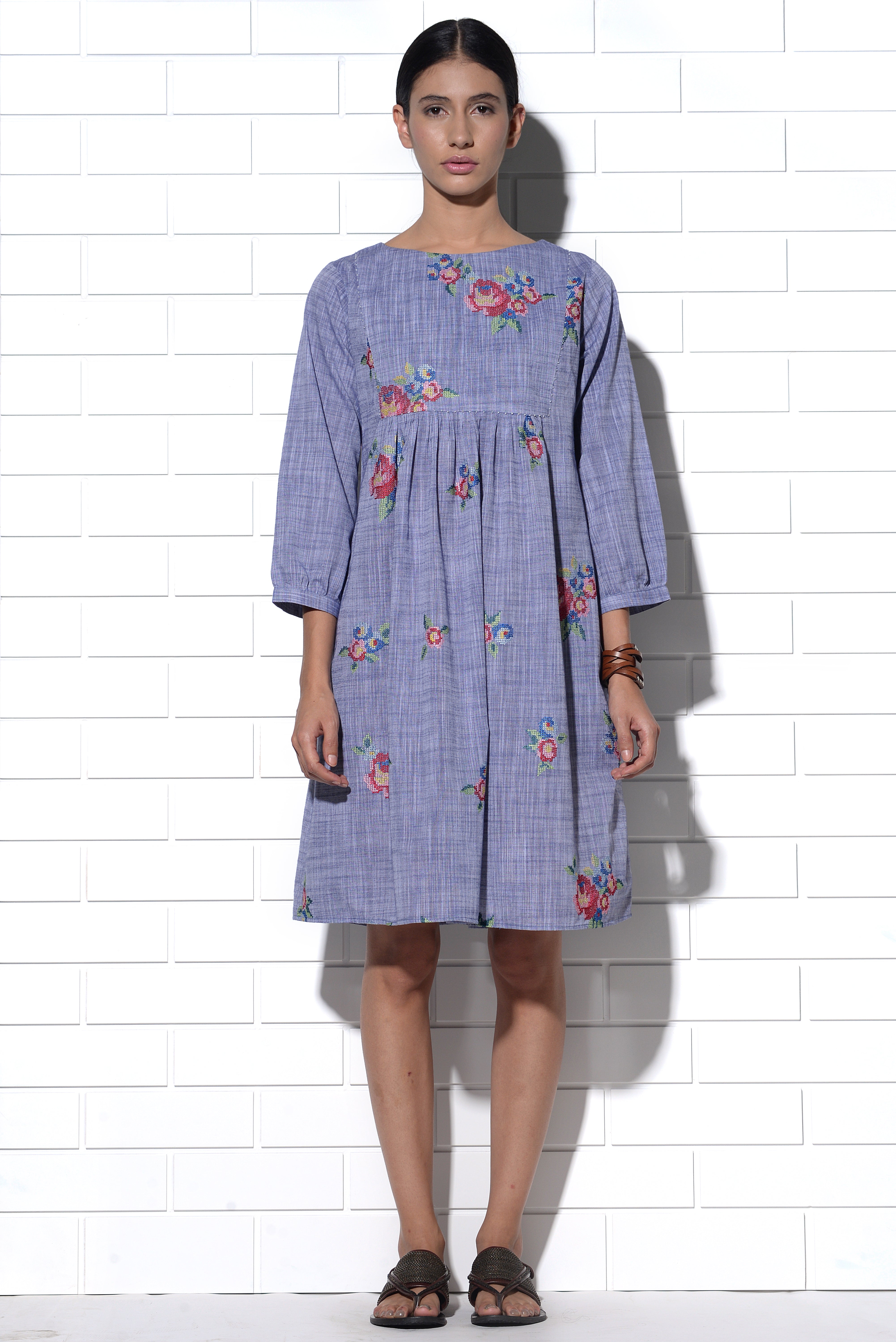 Crete dress in blue with multi-rose embroidery