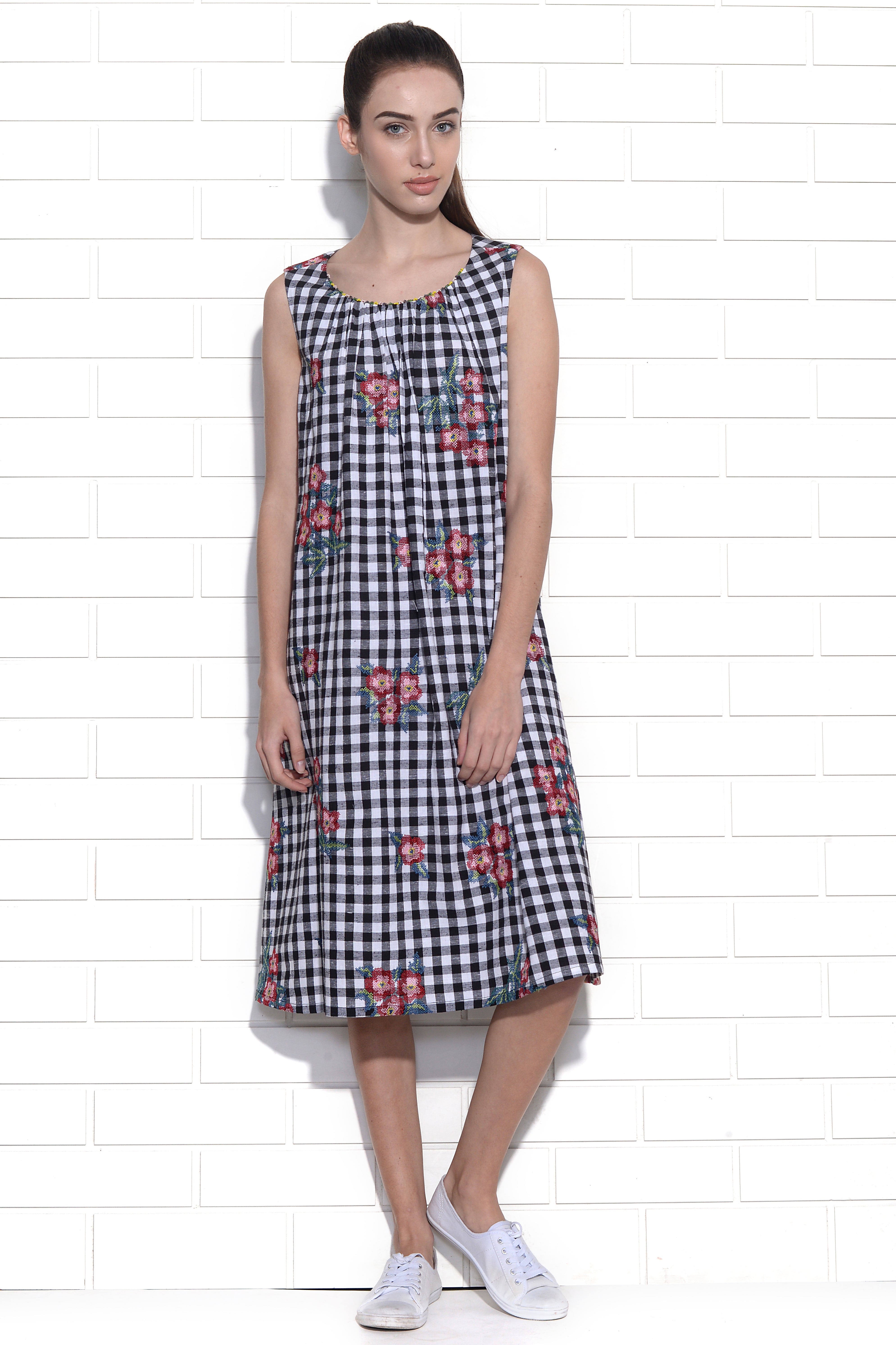 Diane sleeveless dress with floral bouquet cross stitch embroidery