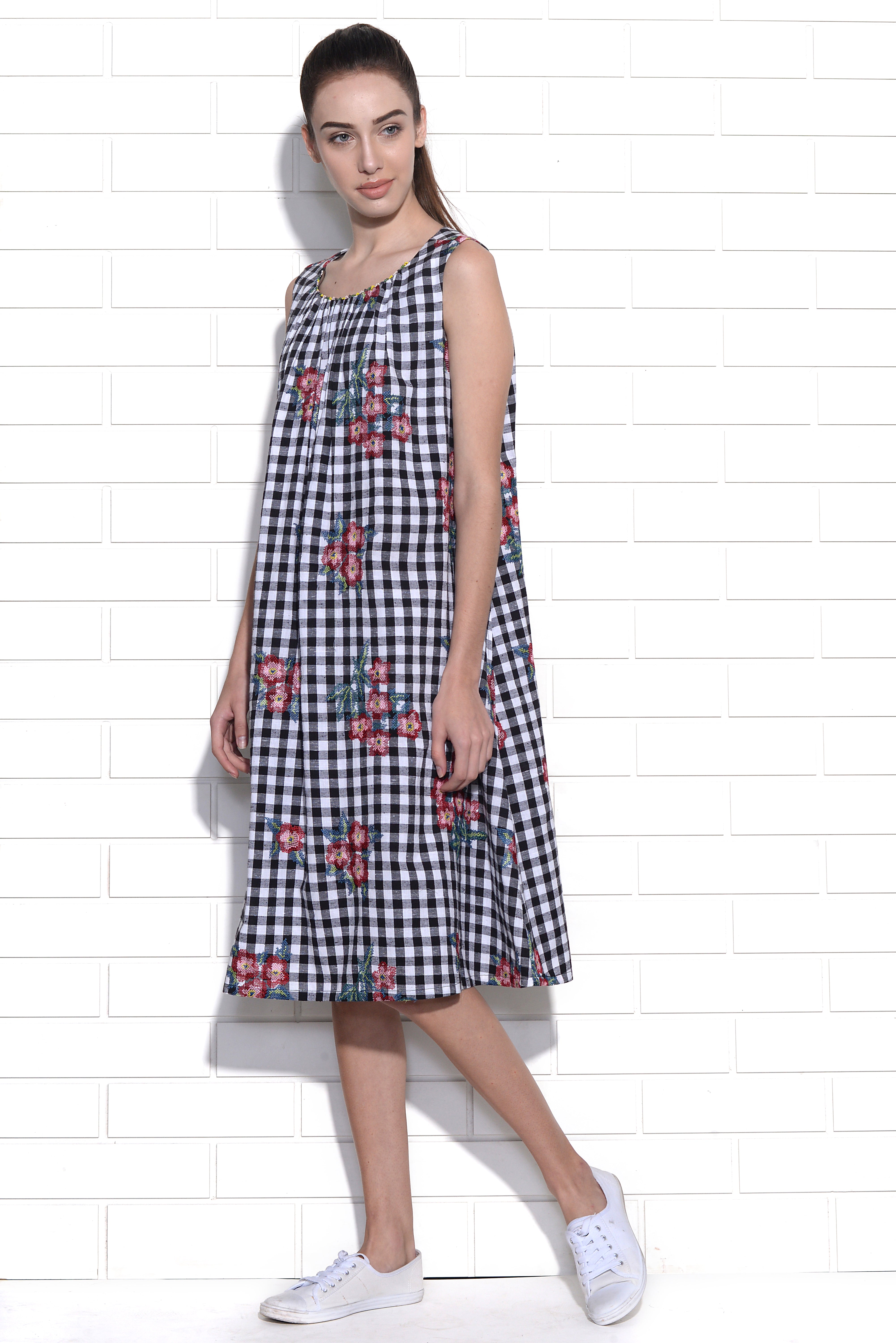 Diane sleeveless dress with floral bouquet cross stitch embroidery