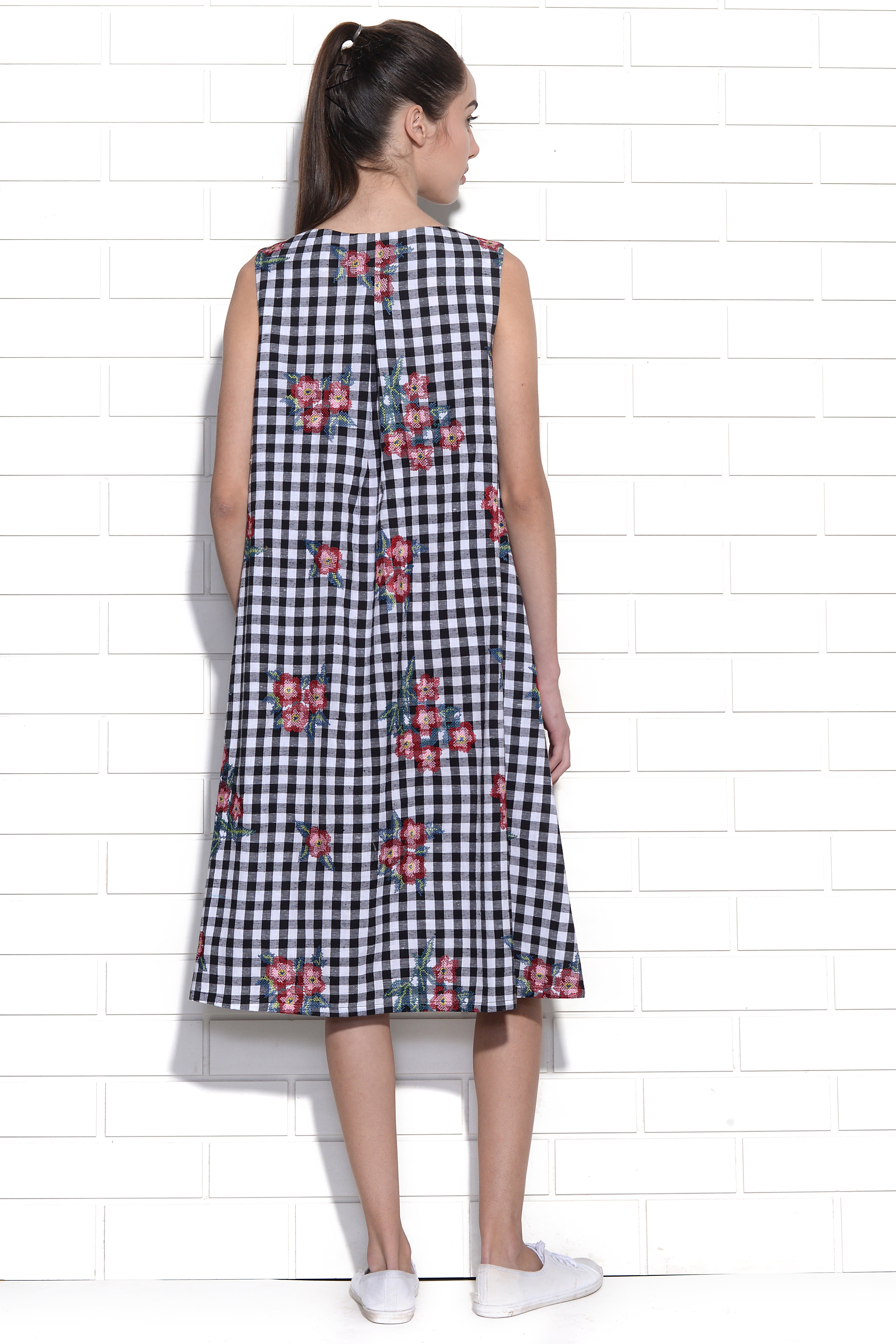 Diane sleeveless dress with floral bouquet cross stitch embroidery