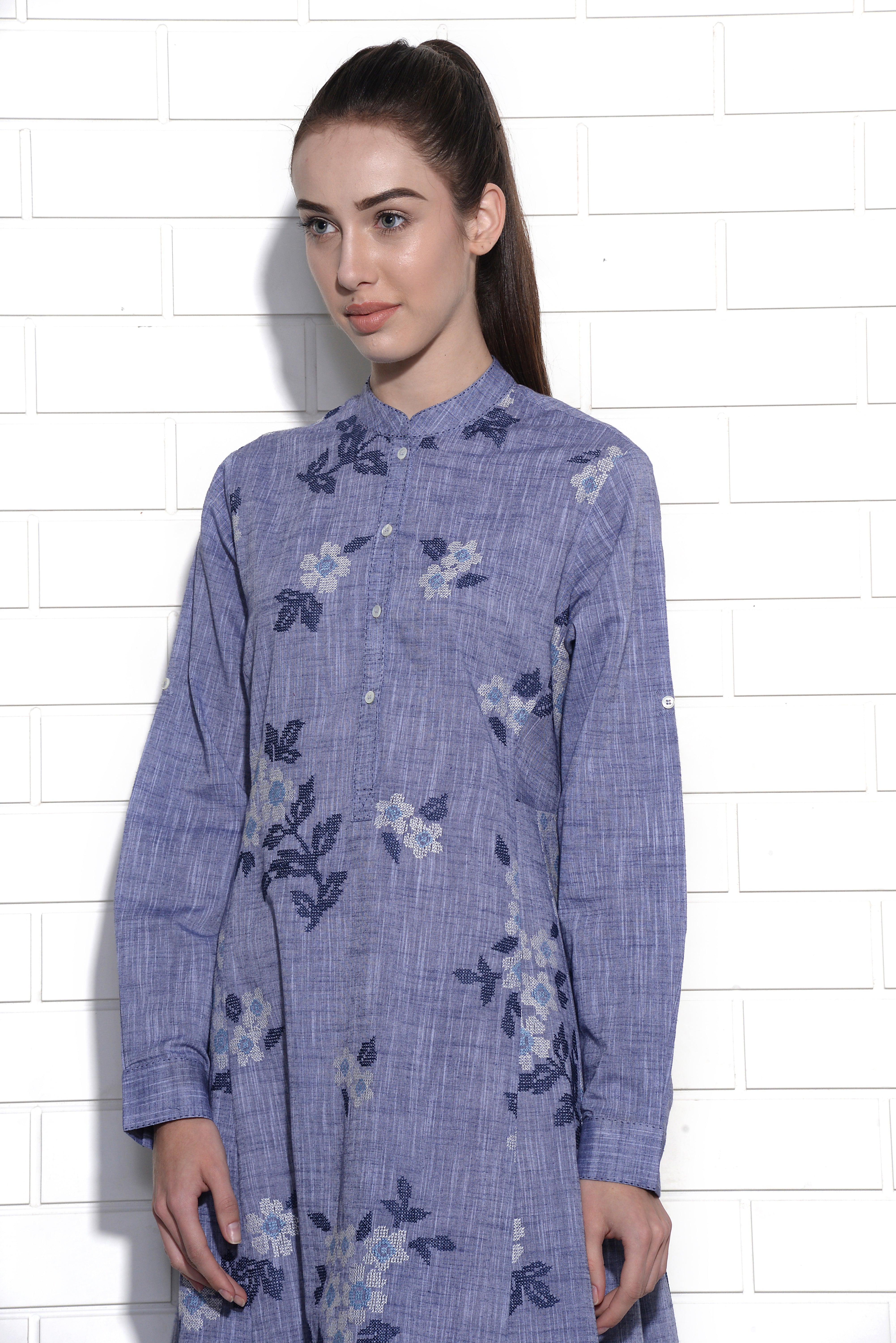 Blue Mist floral embroidery tunic dress