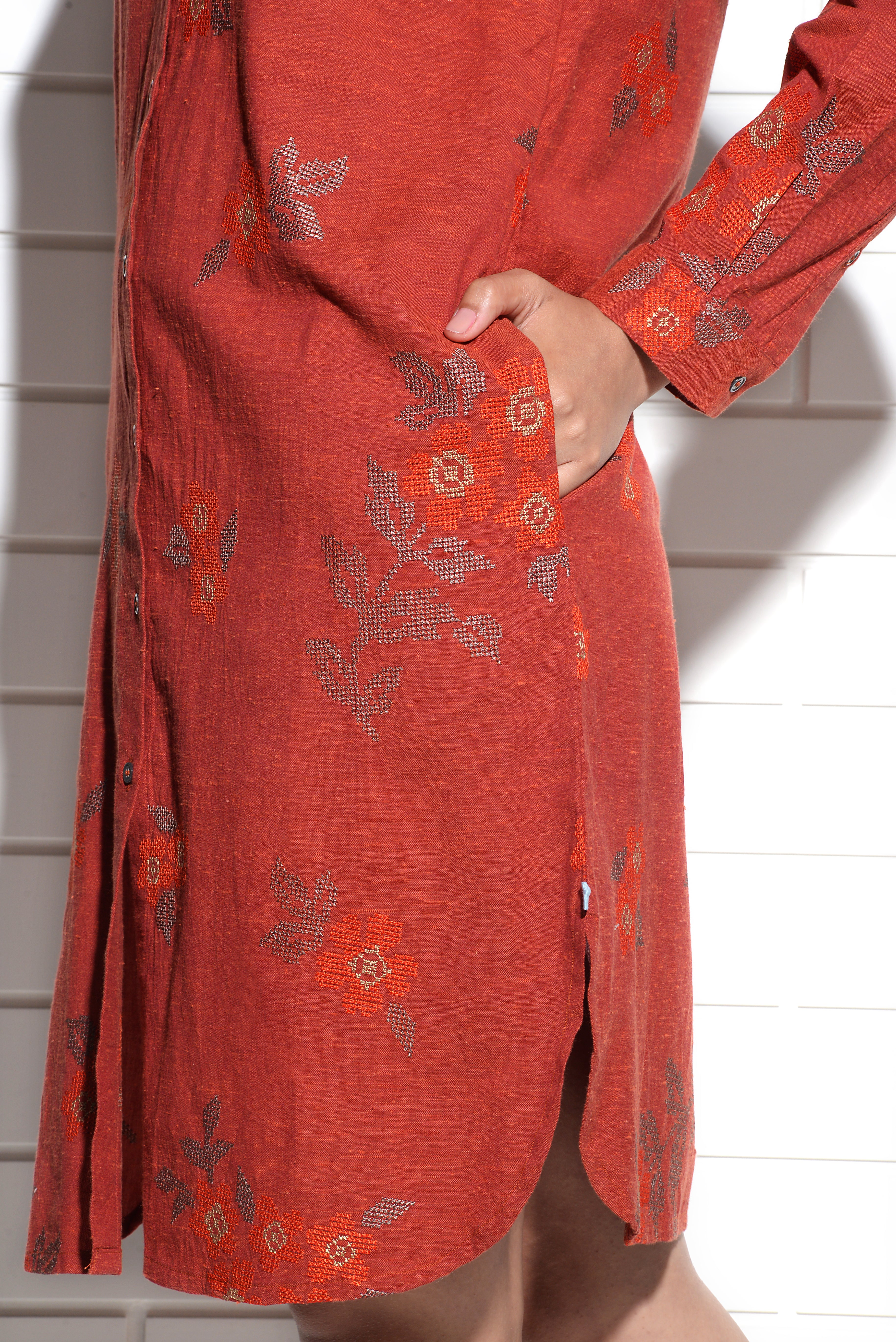 Burnt orange Iris Shirt Dress with cross stitch embroidery
