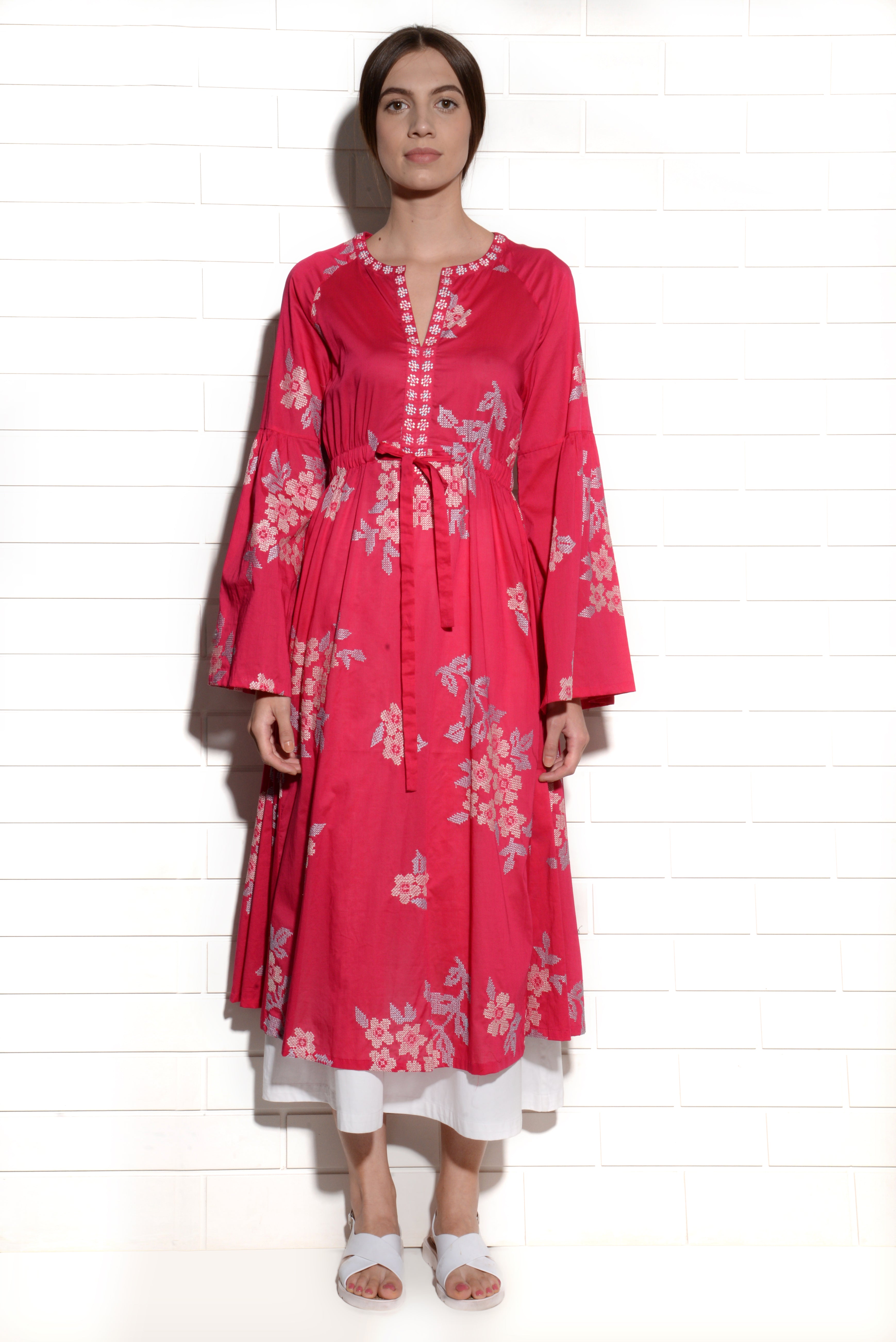 Dianthus pink tunic with cross stitch embroidery