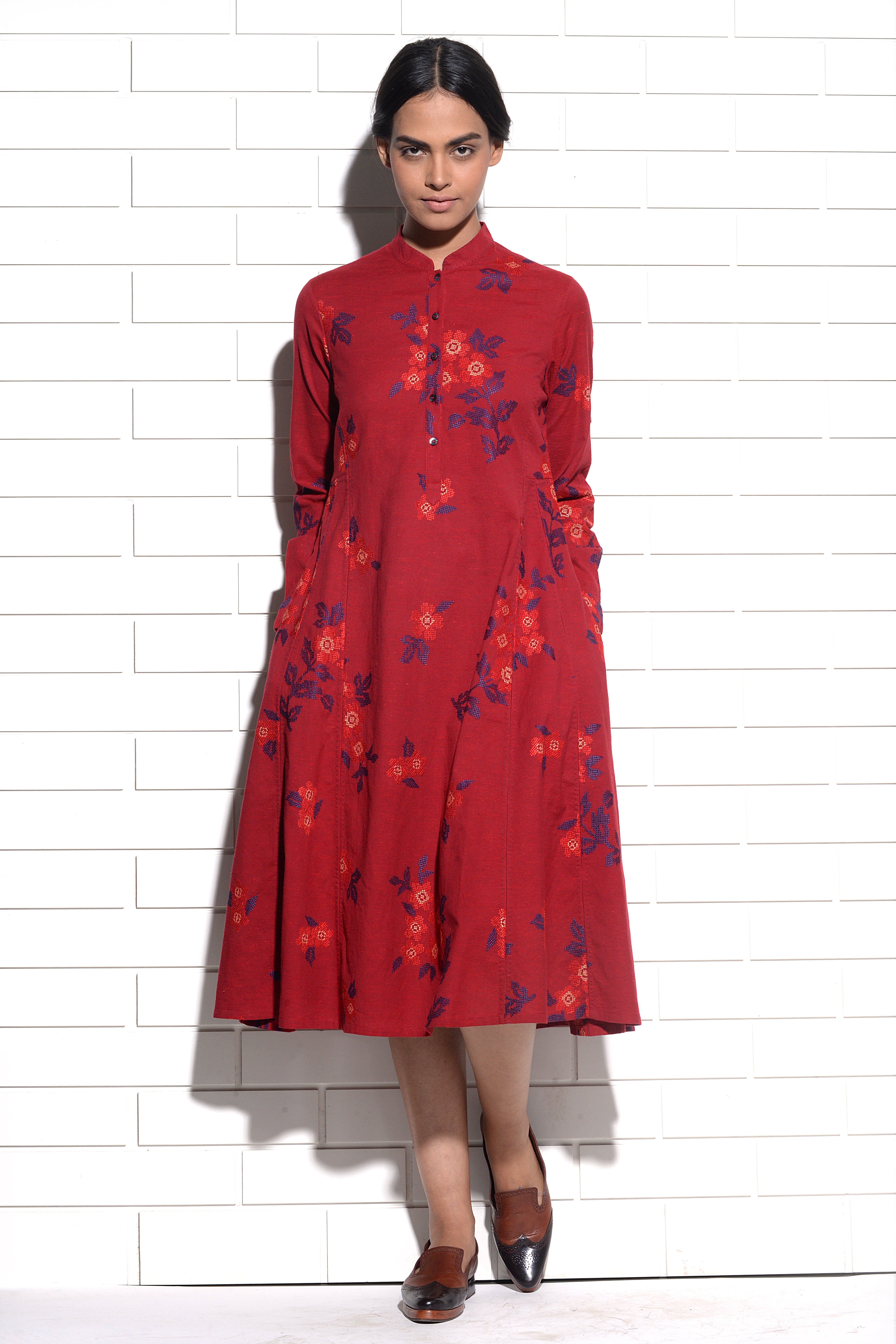Bordeaux Magnolia Tunic Dress with cross stitch embroidery