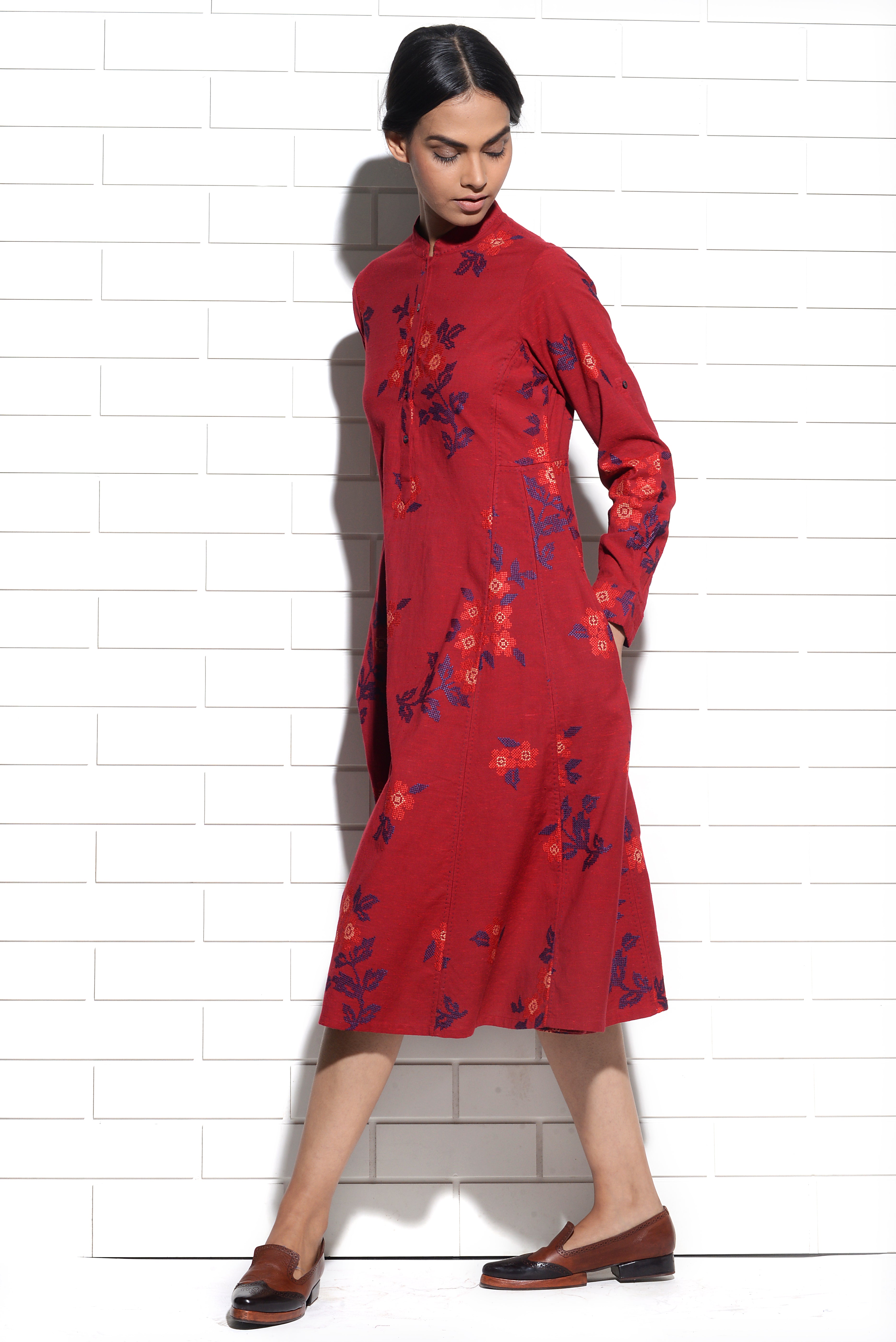 Bordeaux Magnolia Tunic Dress with cross stitch embroidery
