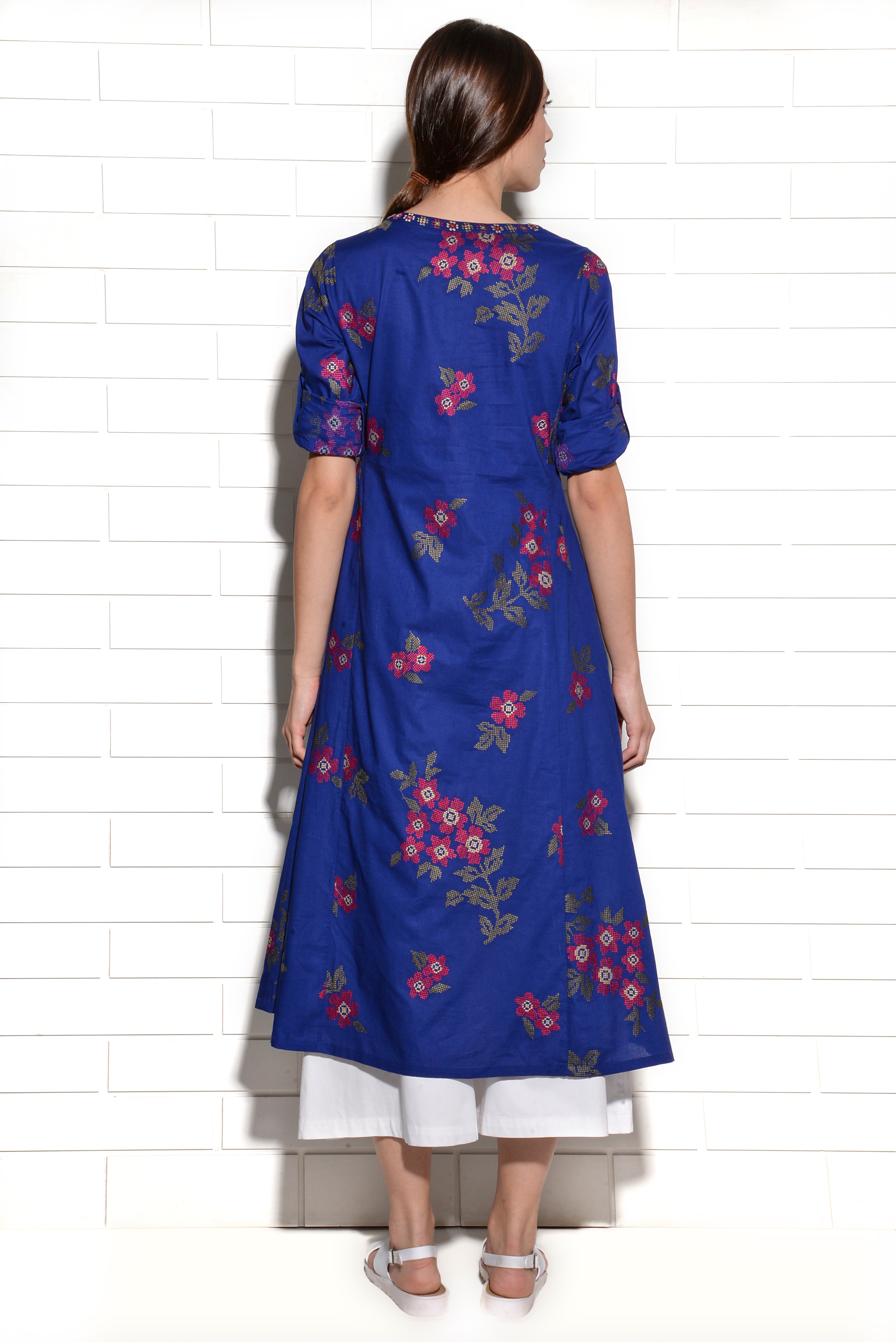 Tibouchina indigo tunic with cross stitch embroidery