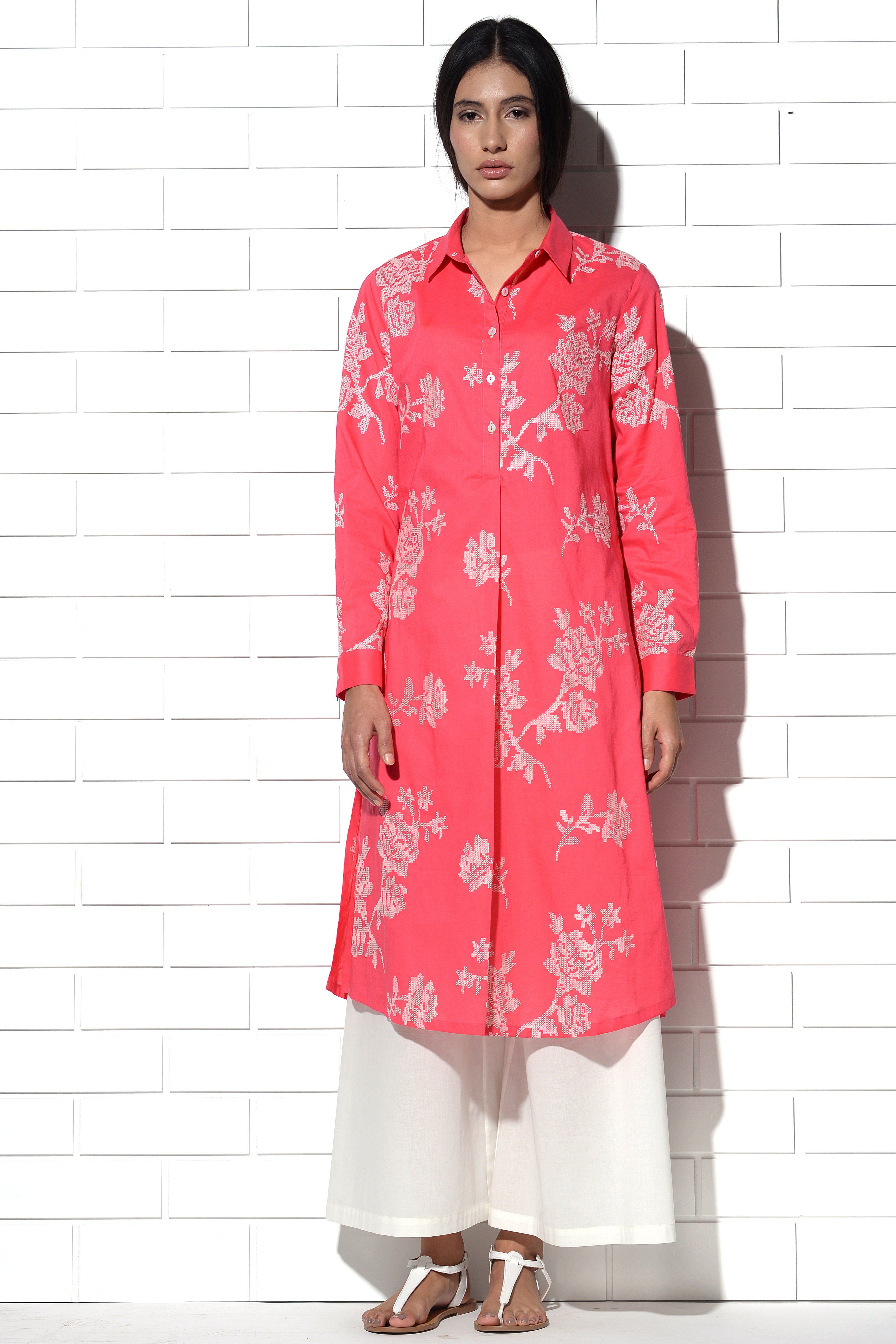 Santorini Tunic in pink with rose embroidery