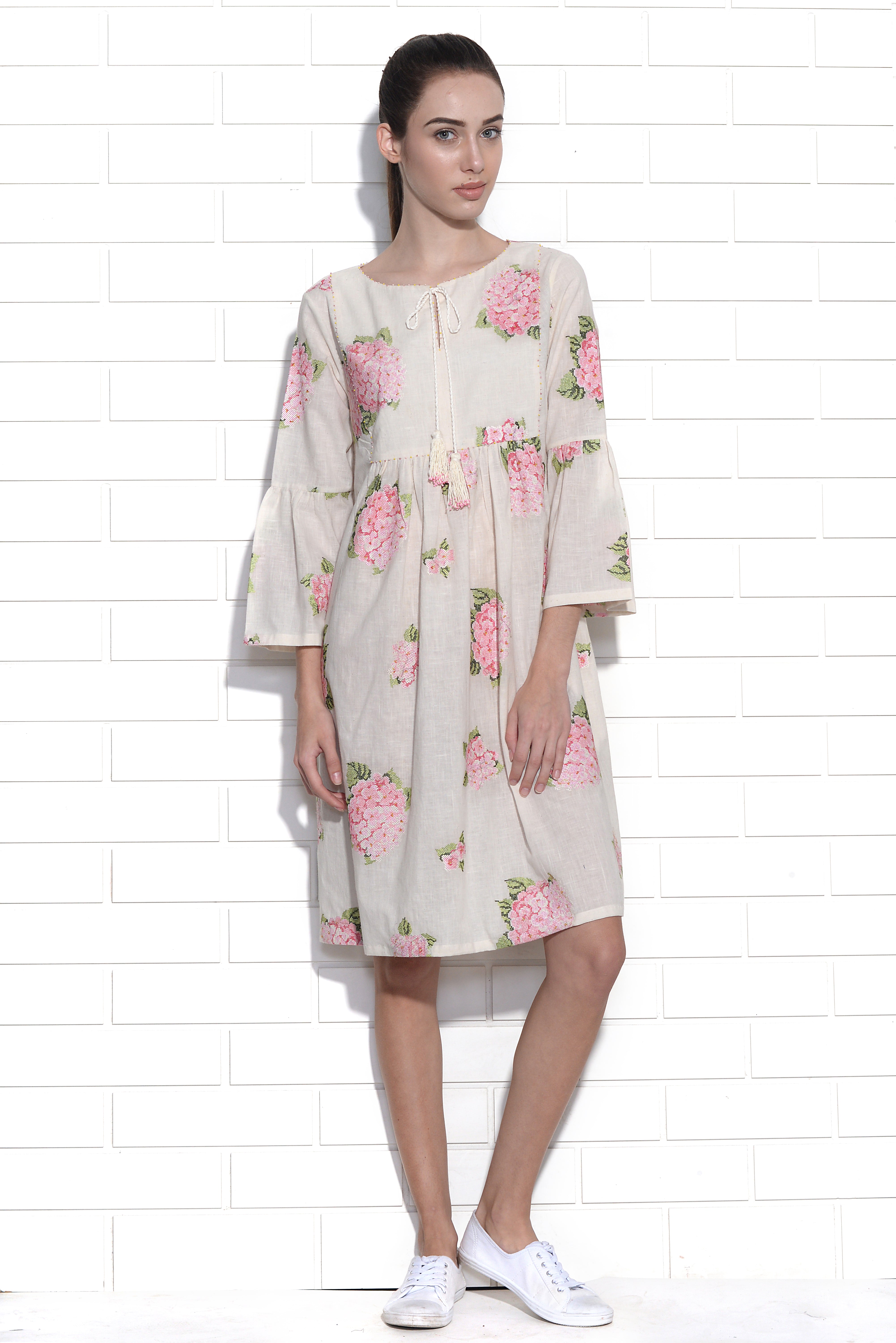 Flamingo pink hydrangea embroidered dress
