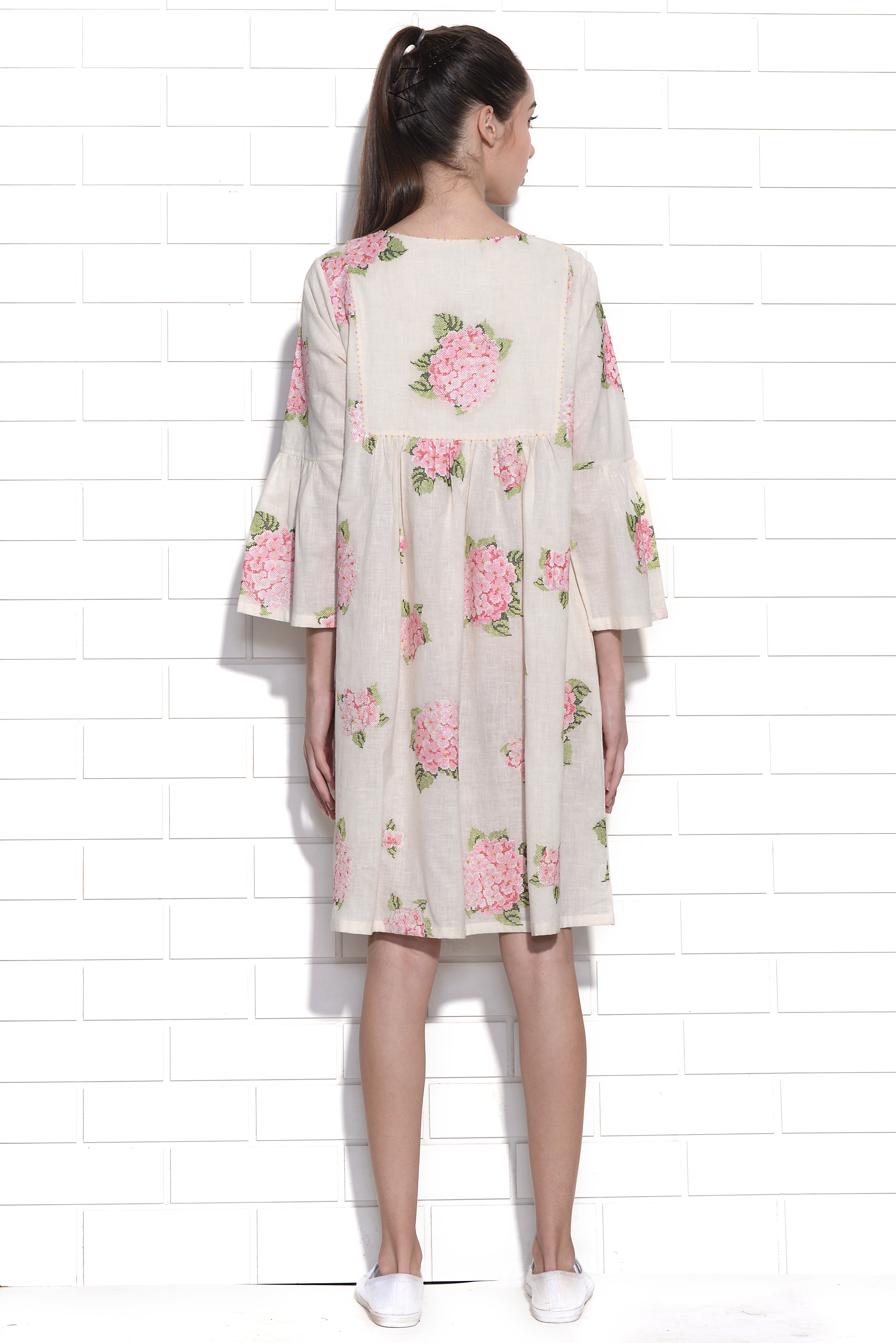 Flamingo pink hydrangea embroidered dress