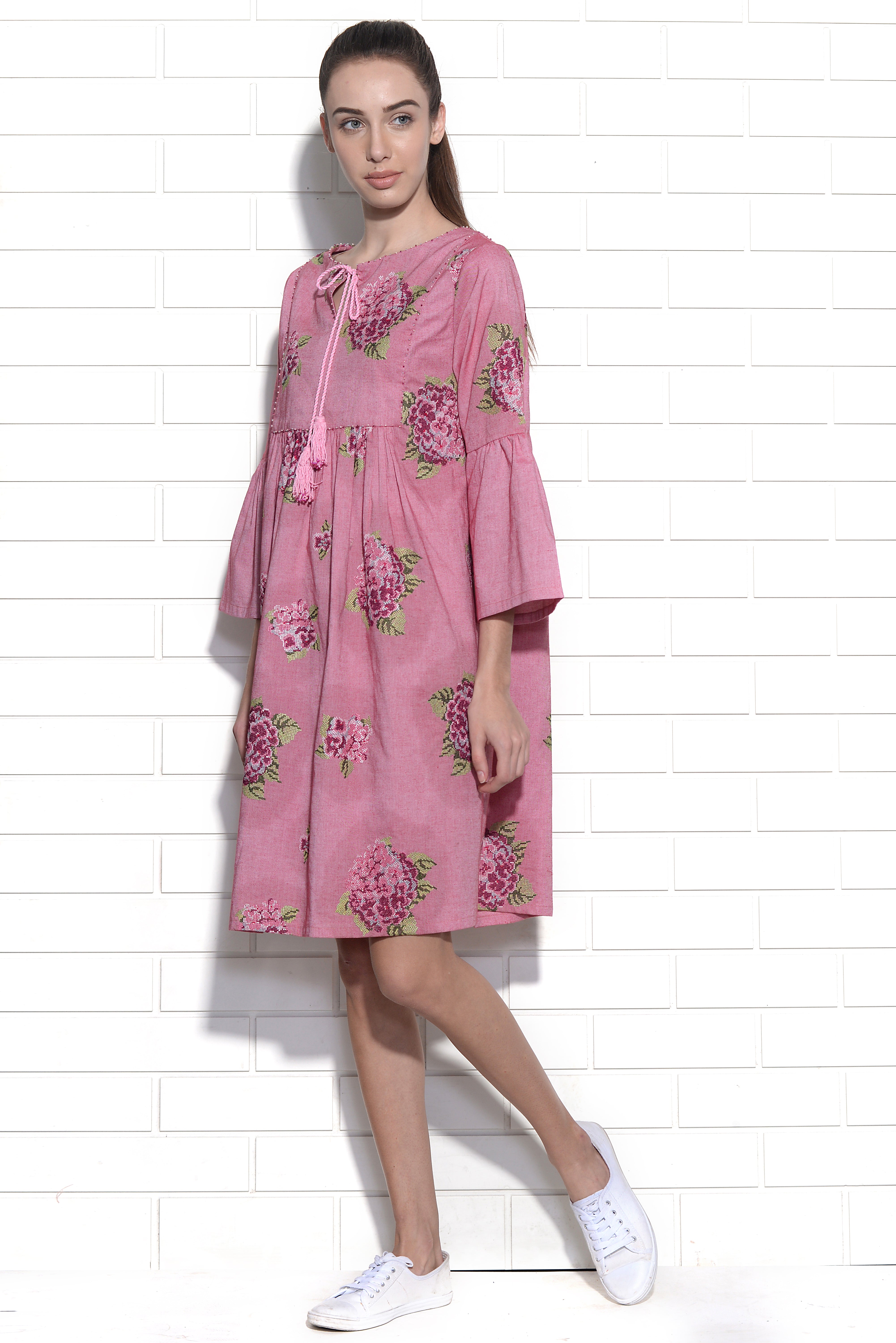 Ballet slipper pink hydrangea embroidered dress
