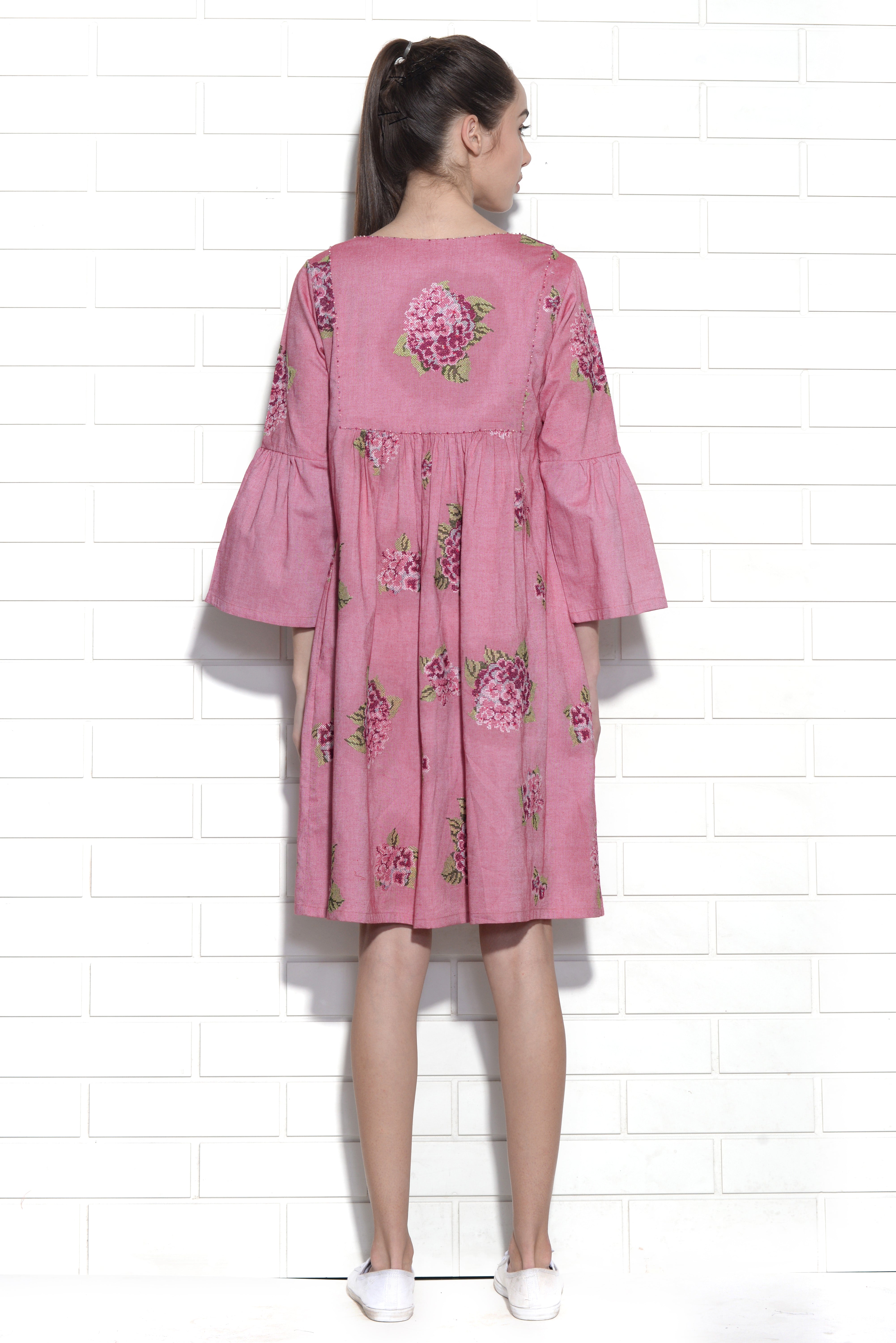 Ballet slipper pink hydrangea embroidered dress