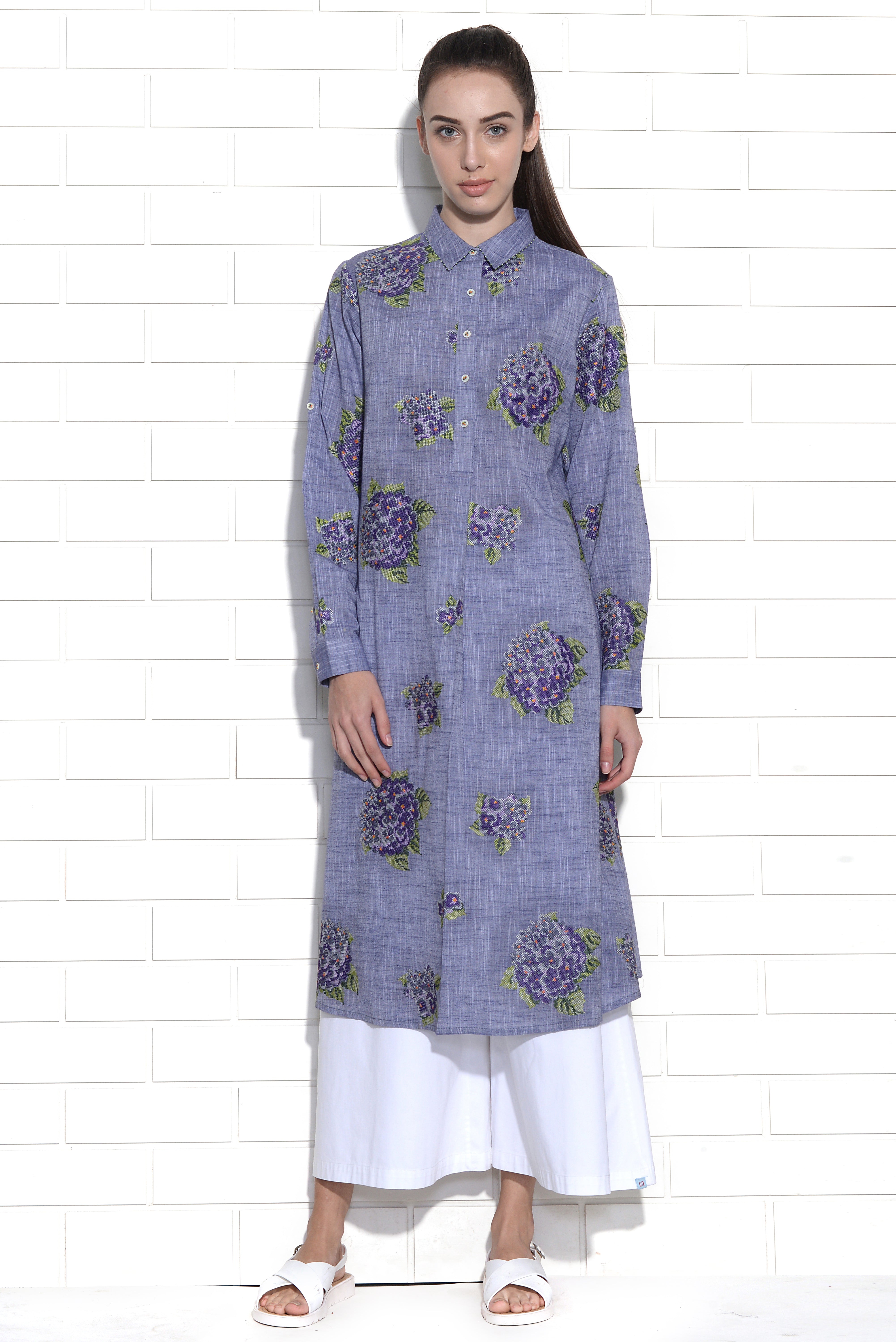 Lapiz blue embroidered hydrangea dress
