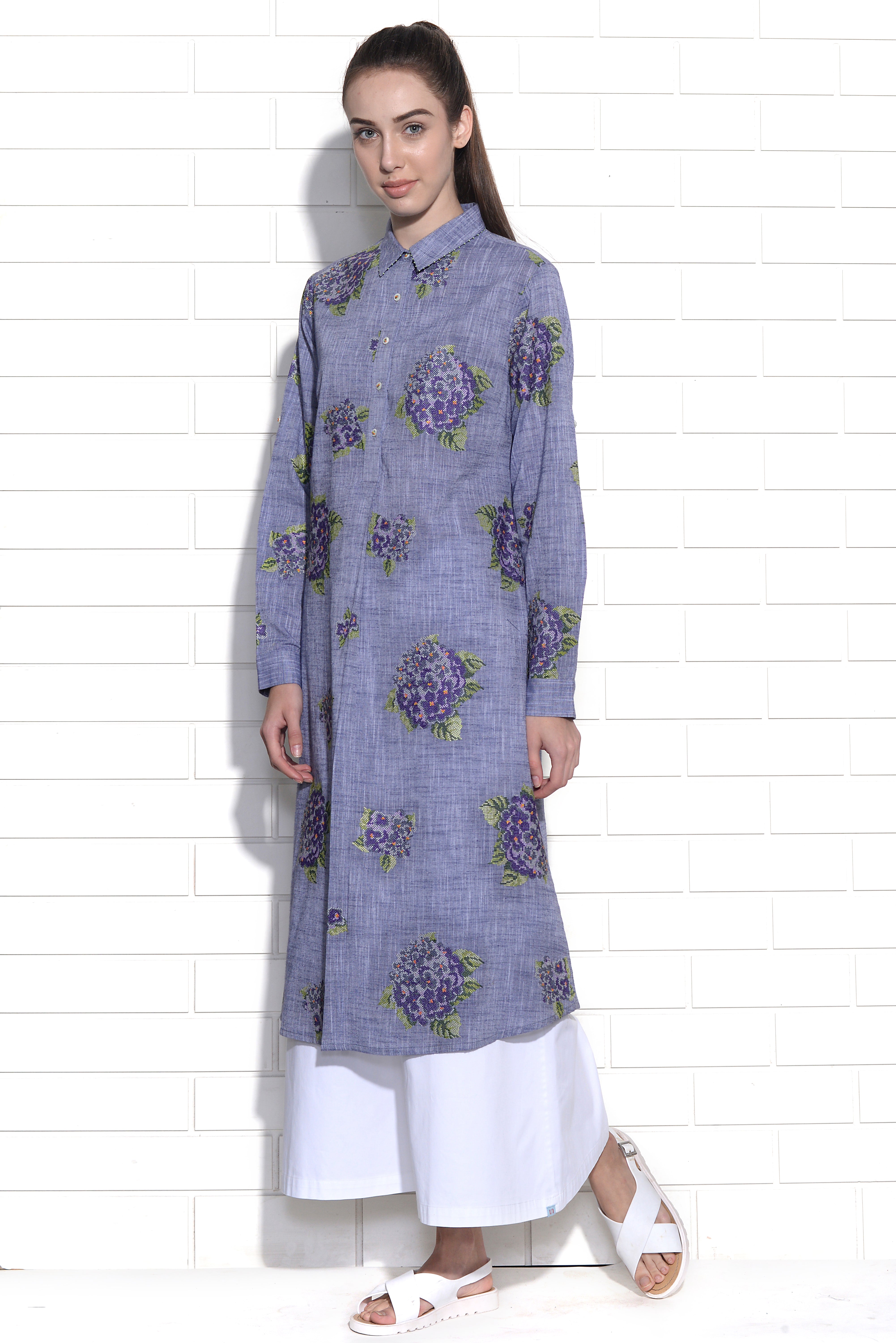 Lapiz blue embroidered hydrangea dress