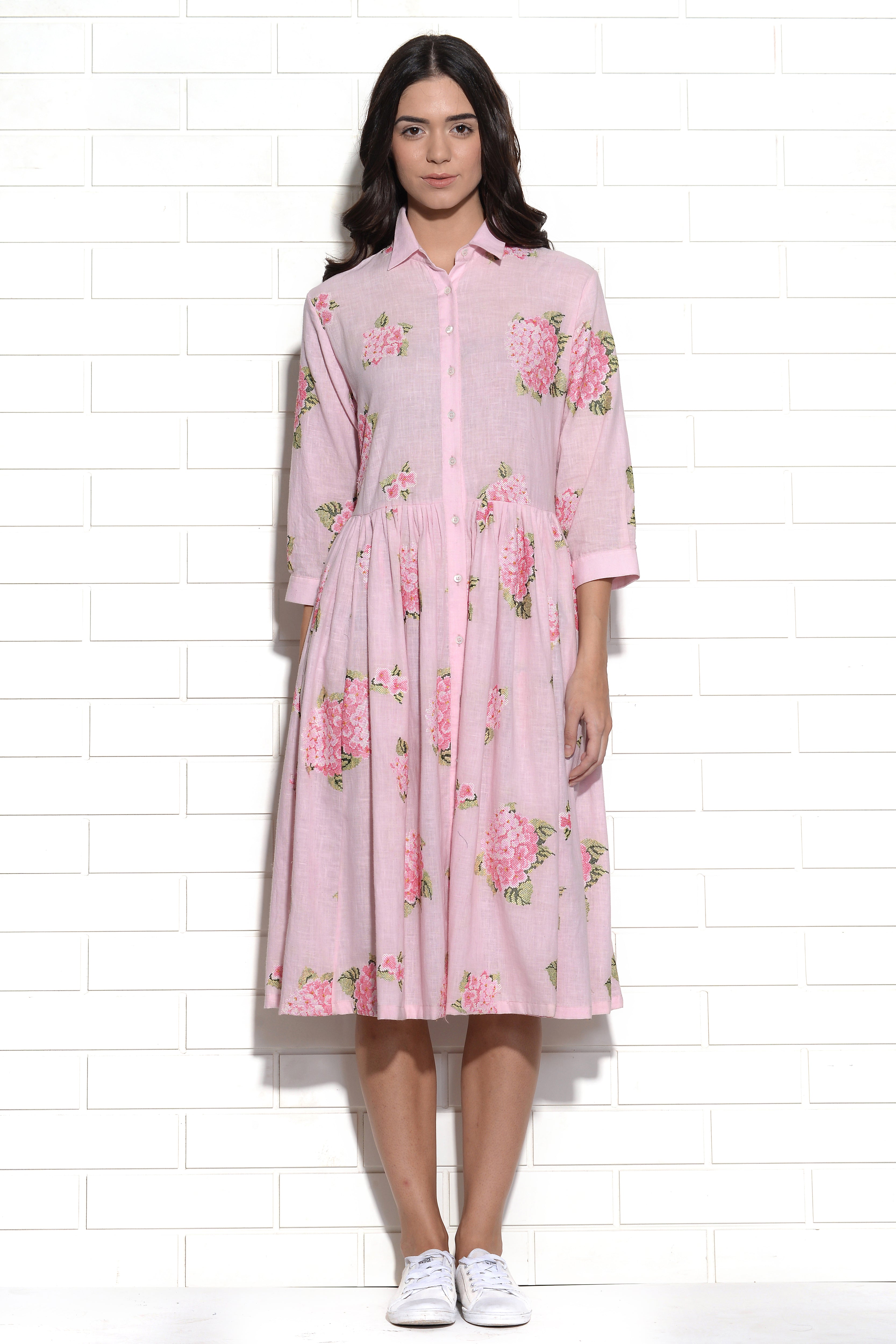 Champagne pink hydrangea embroidered dress