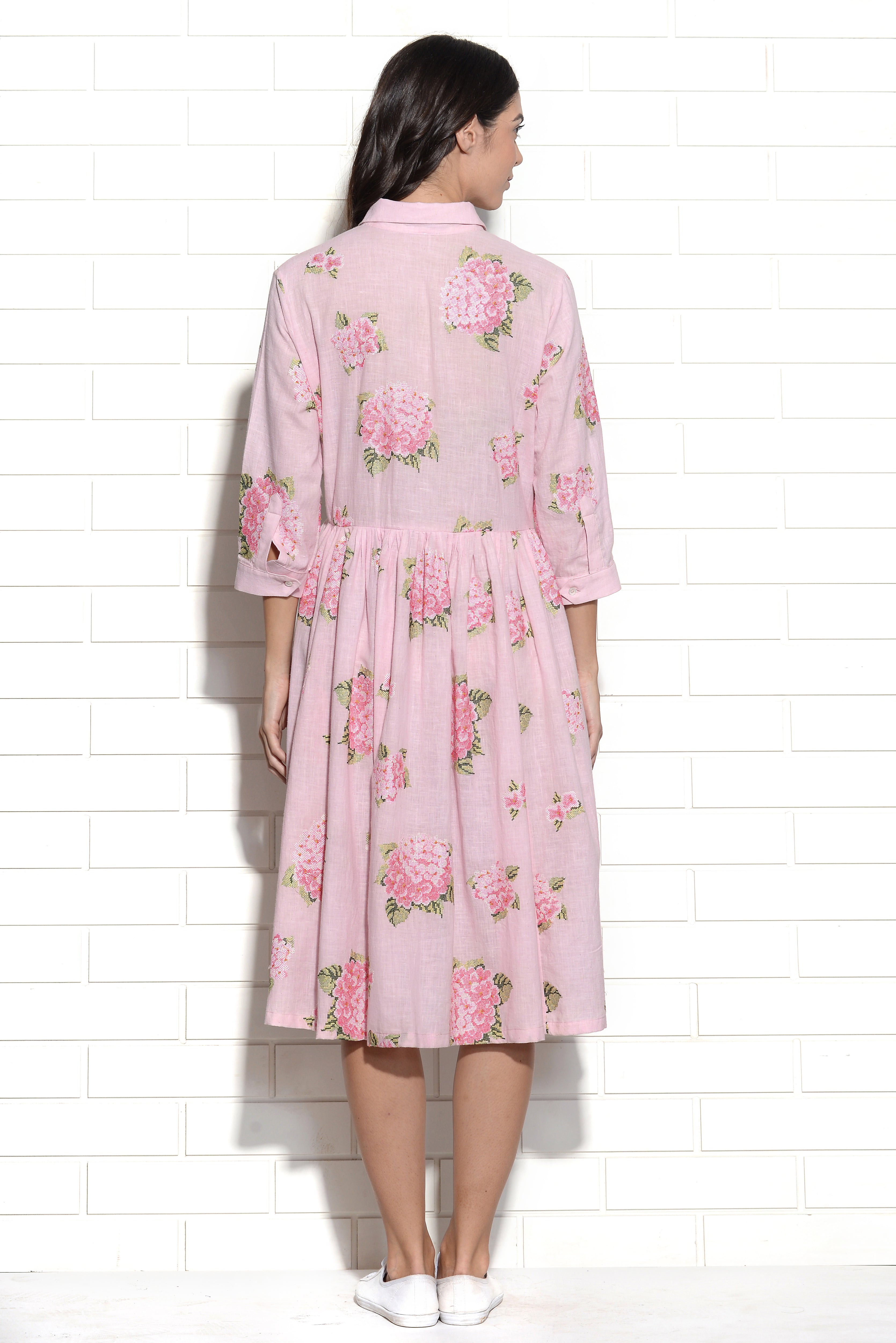 Champagne pink hydrangea embroidered dress