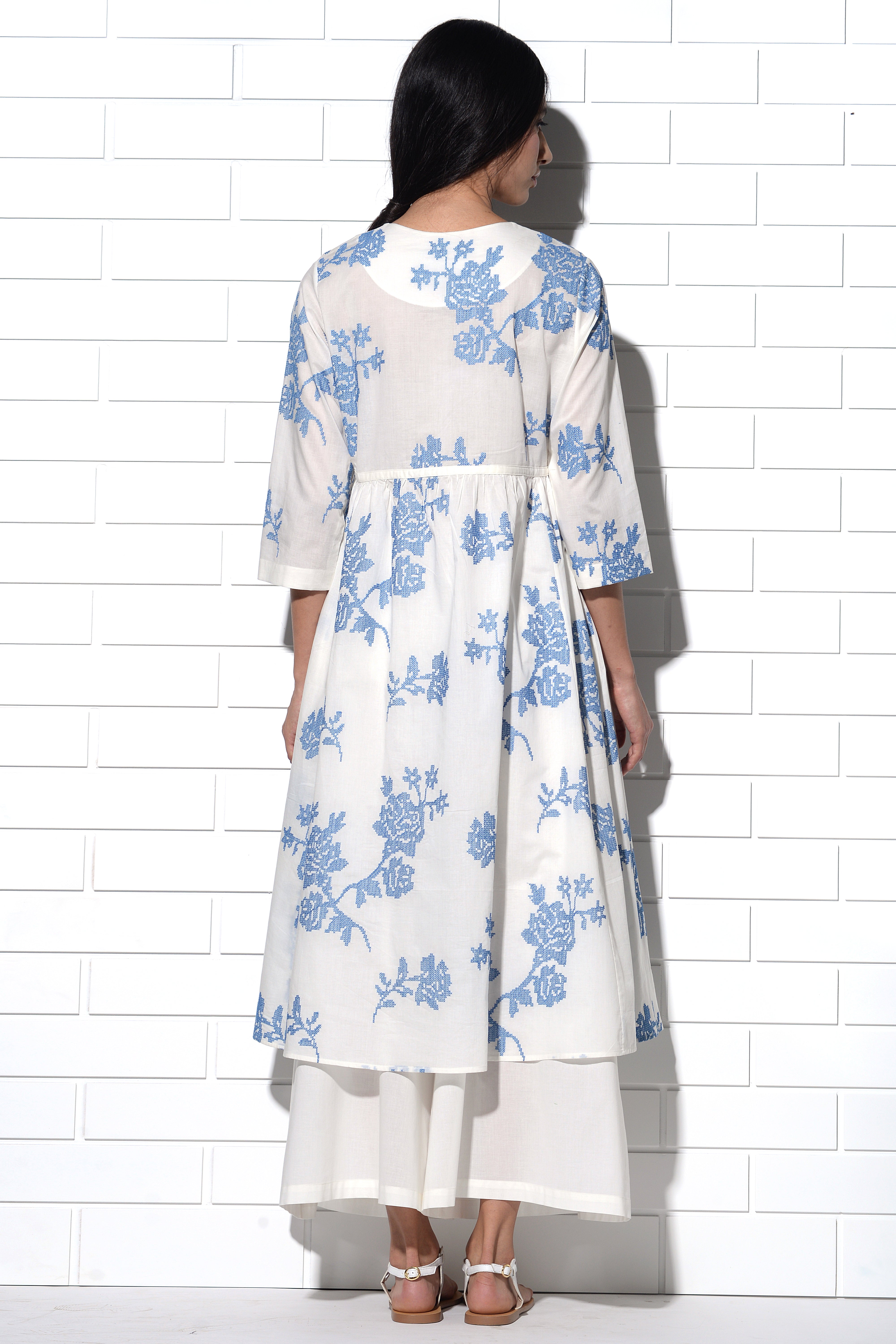 Ibiza Tunic in ivory with blue rose embroidery