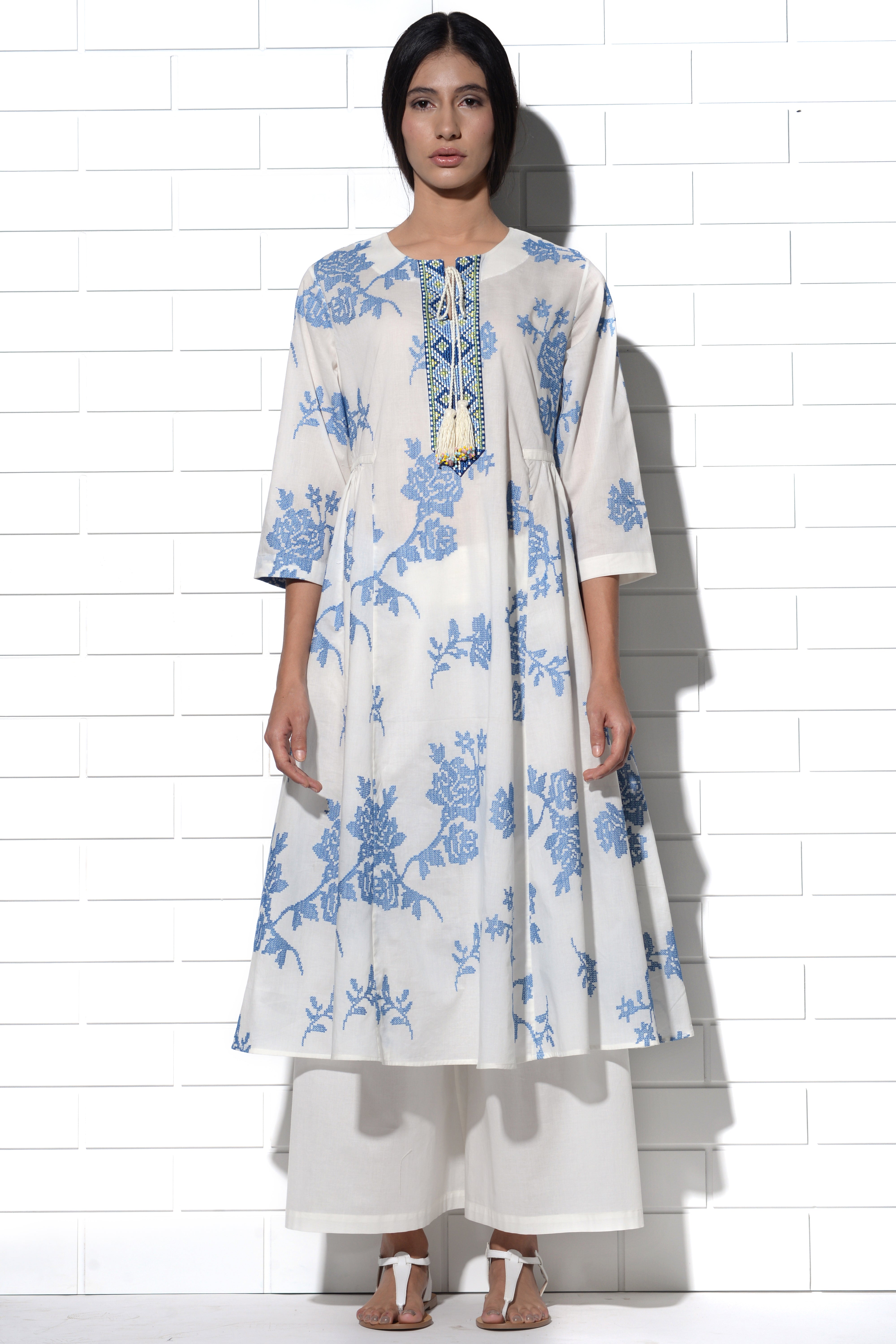 Ibiza Tunic in ivory with blue rose embroidery