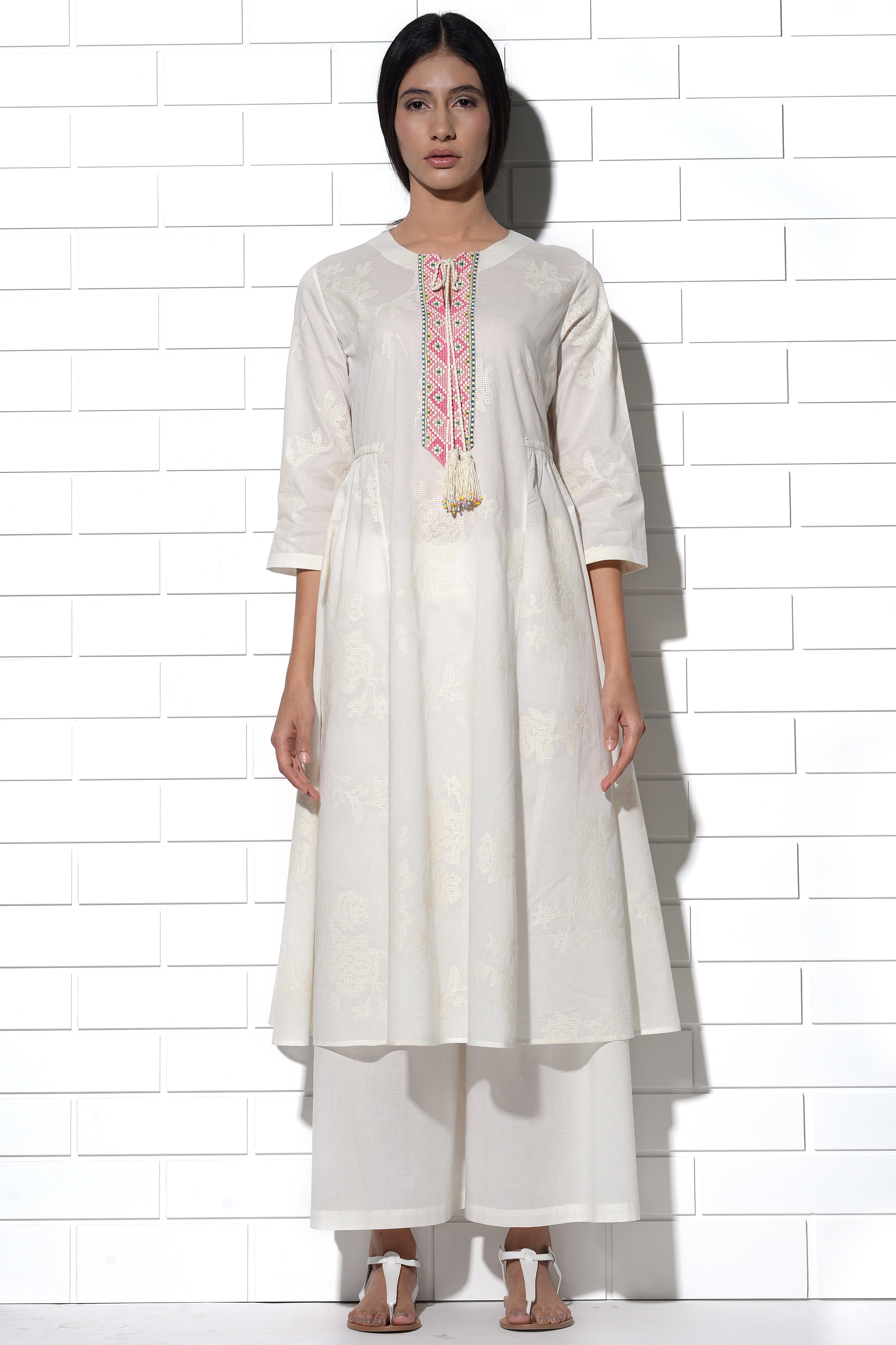Ibiza Tunic in ivory with tonal rose embroidery