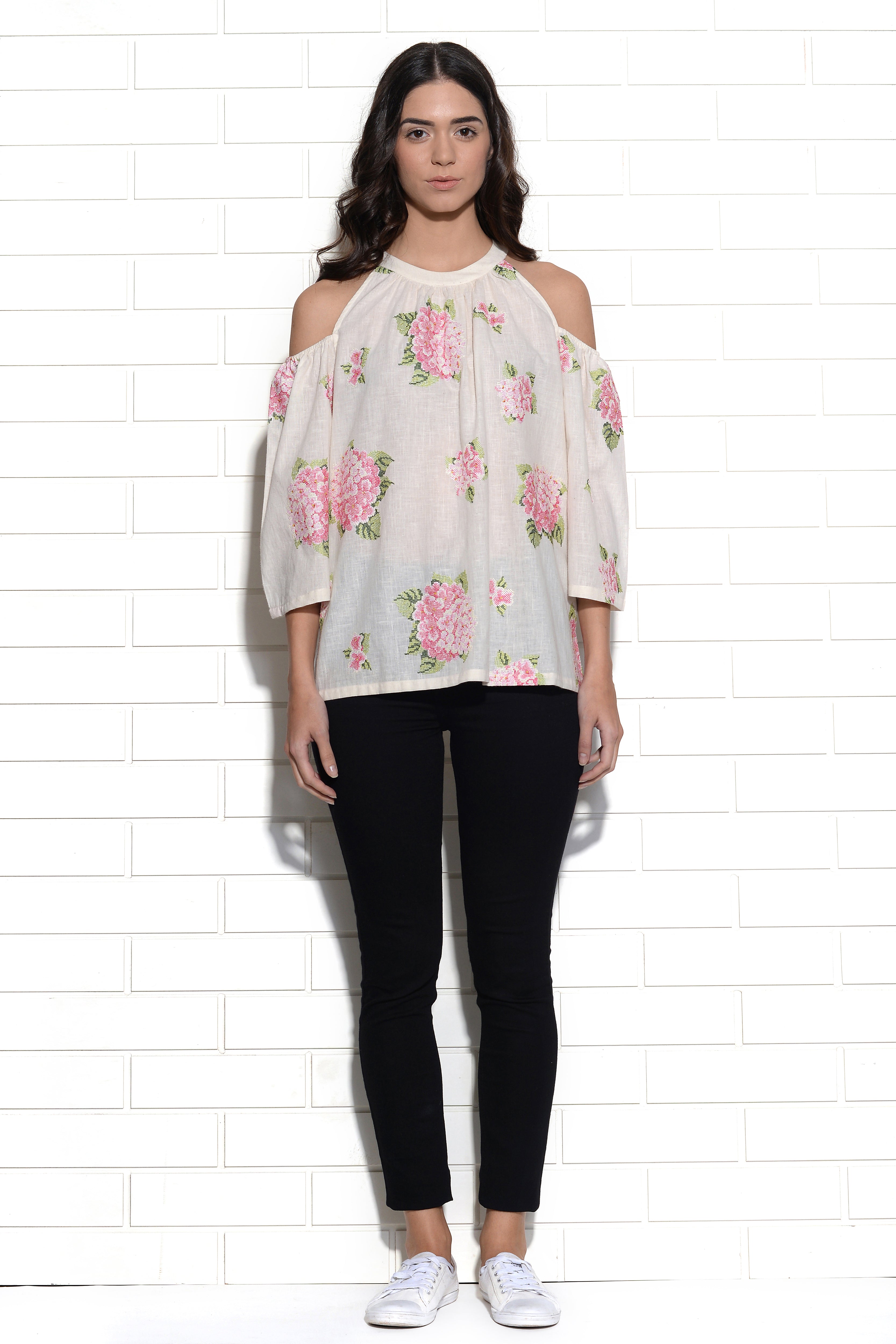 Vanilla strawberry hydrangea embroidered top