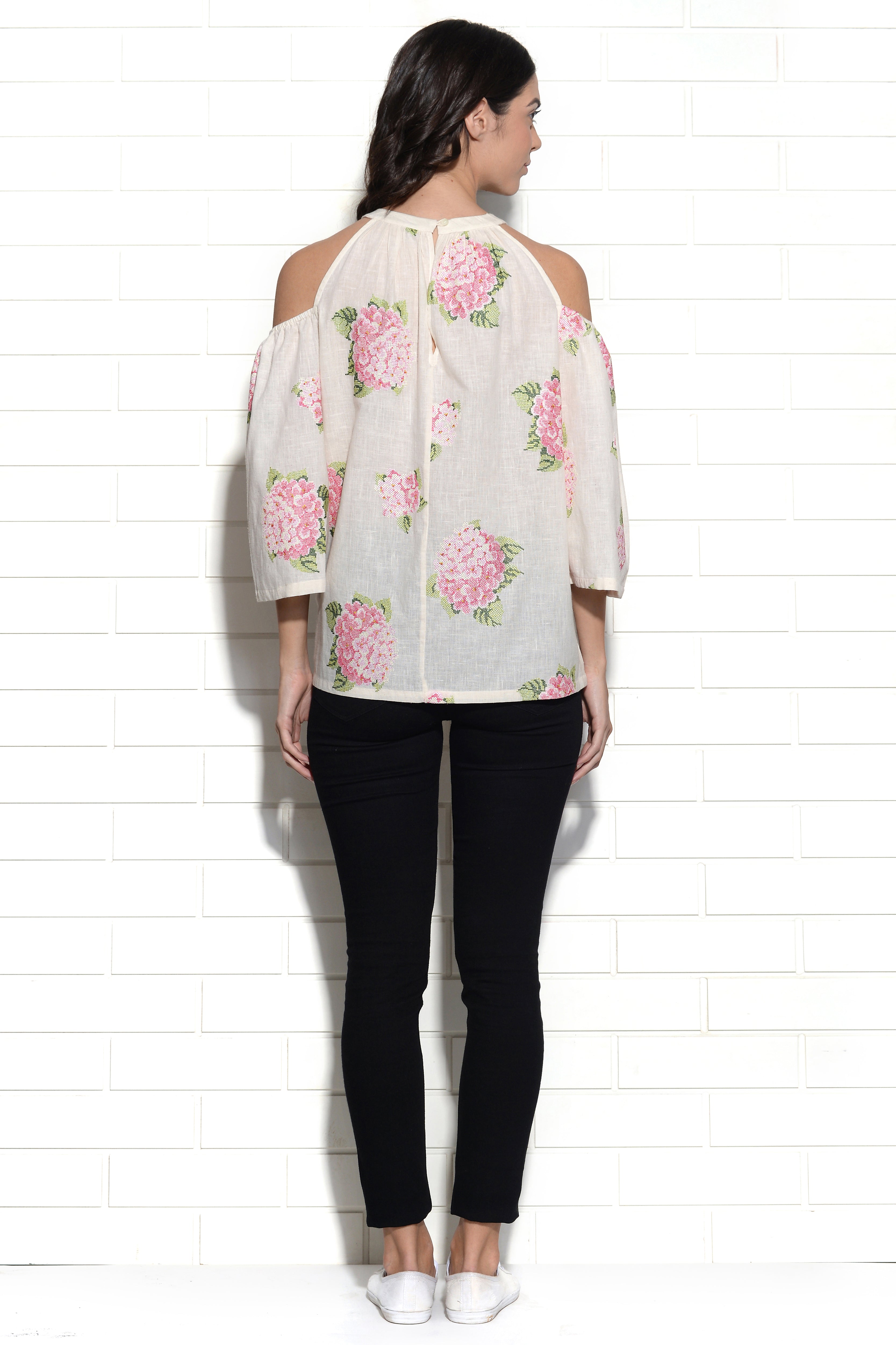 Vanilla strawberry hydrangea embroidered top