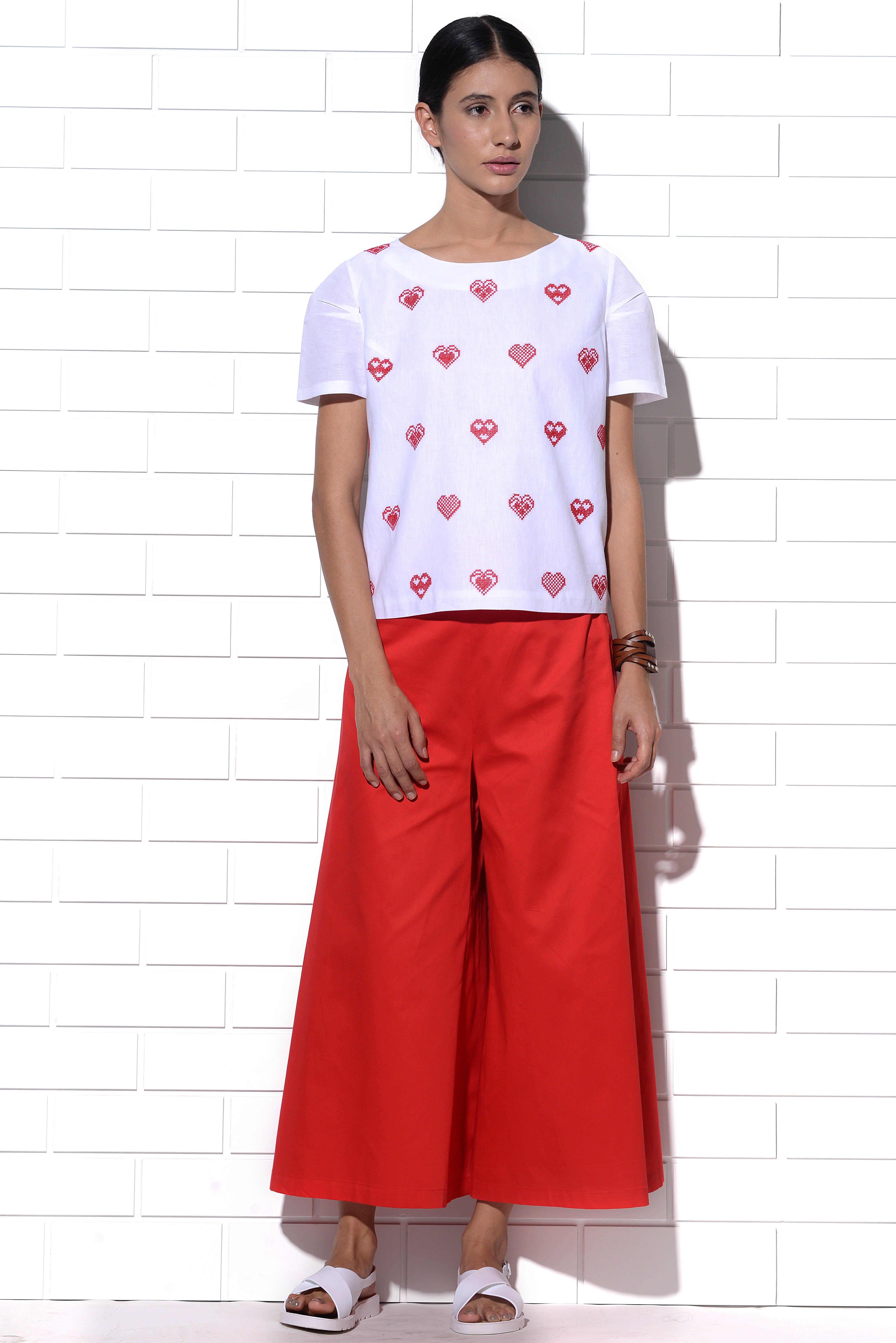 Mykonos Top in white with red hearts embroidery