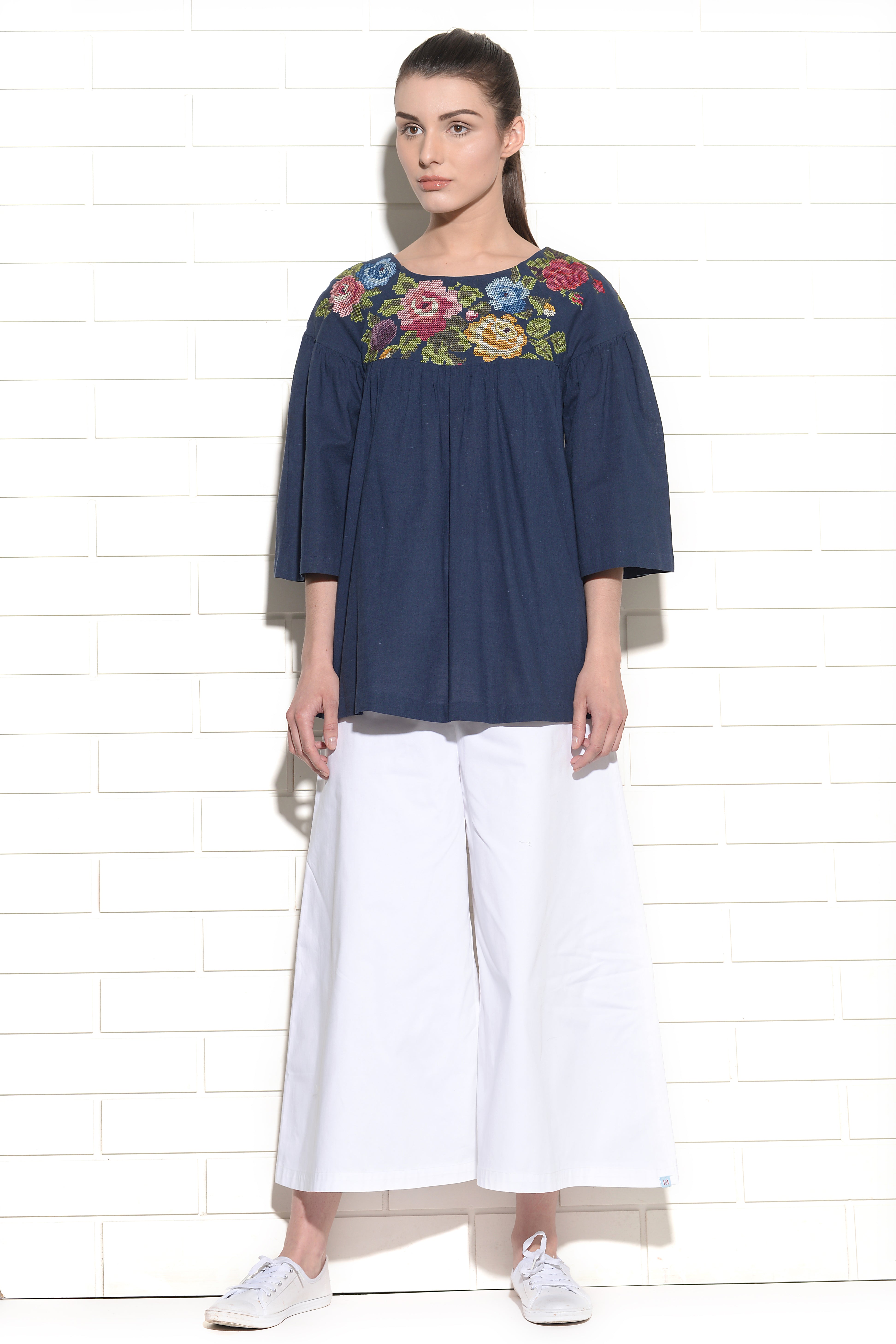 Levantera gathered top with Rose cross stitch embroidery