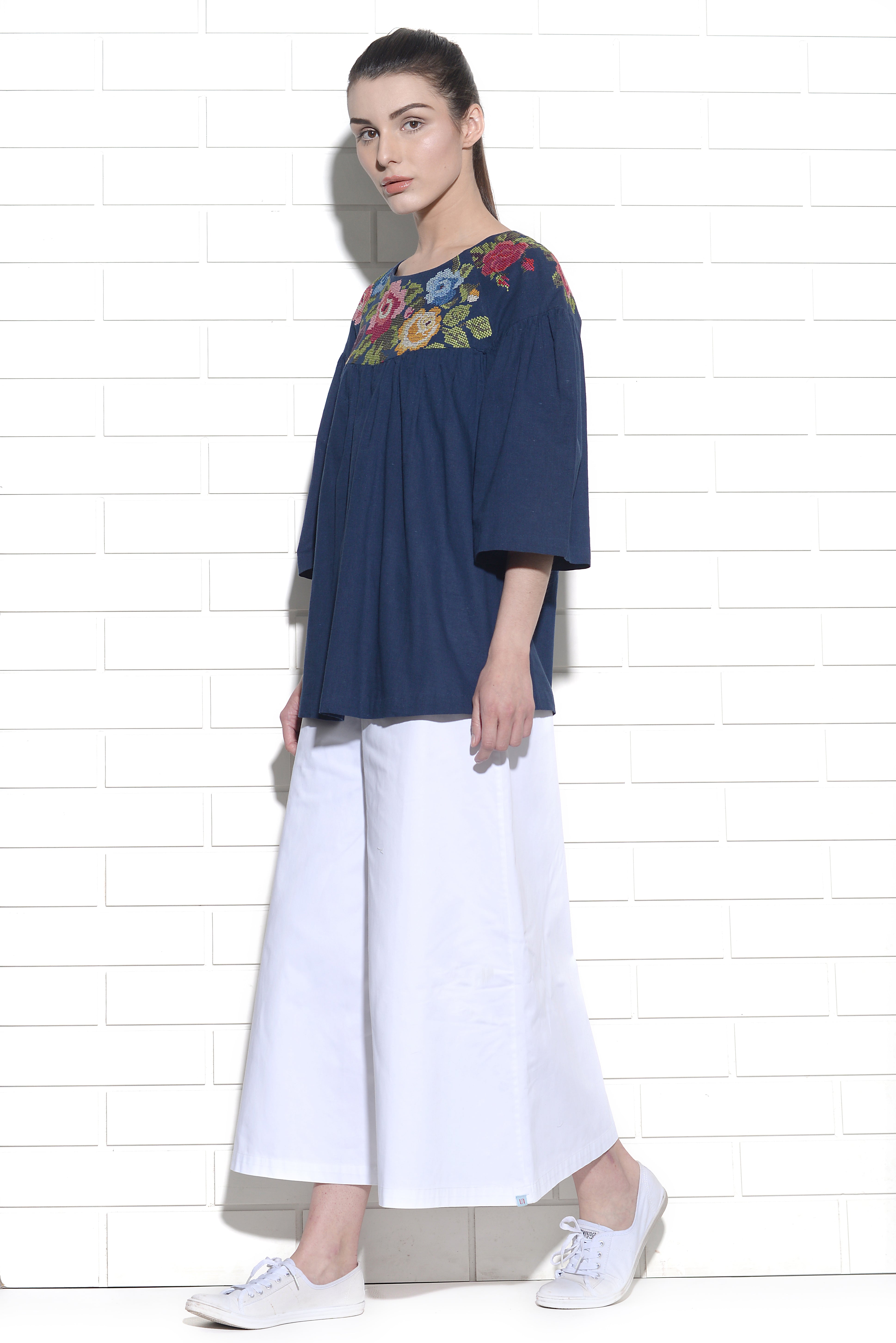 Levantera gathered top with Rose cross stitch embroidery