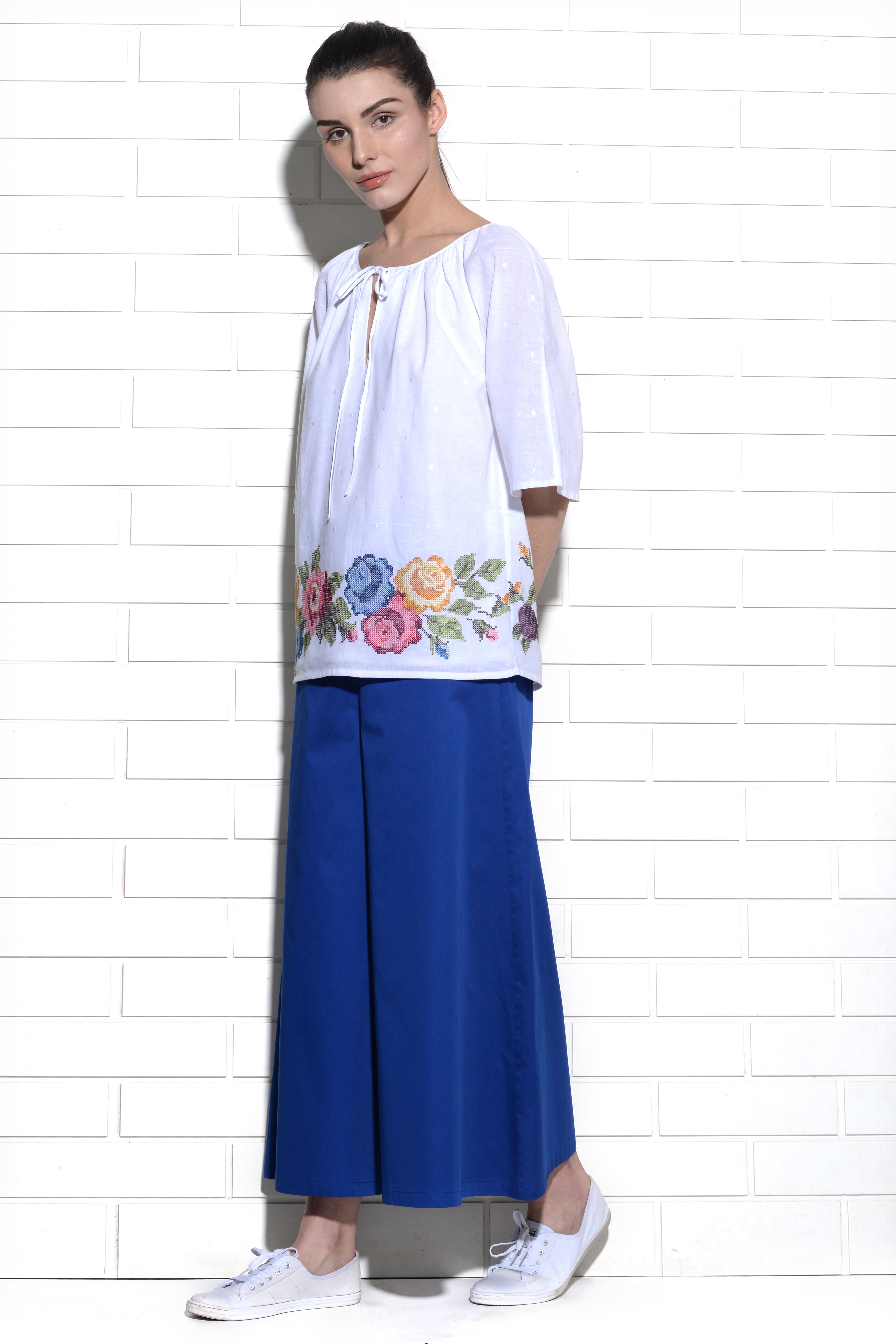 Zephyros drawstring top with rose cross stitch embroidery