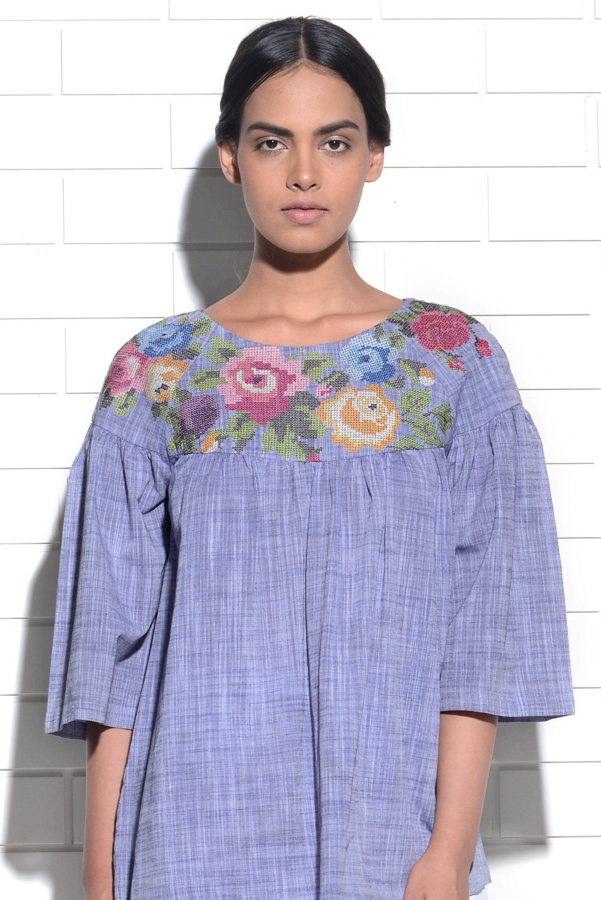 Levantera gathered top with Rose cross stitch embroidery