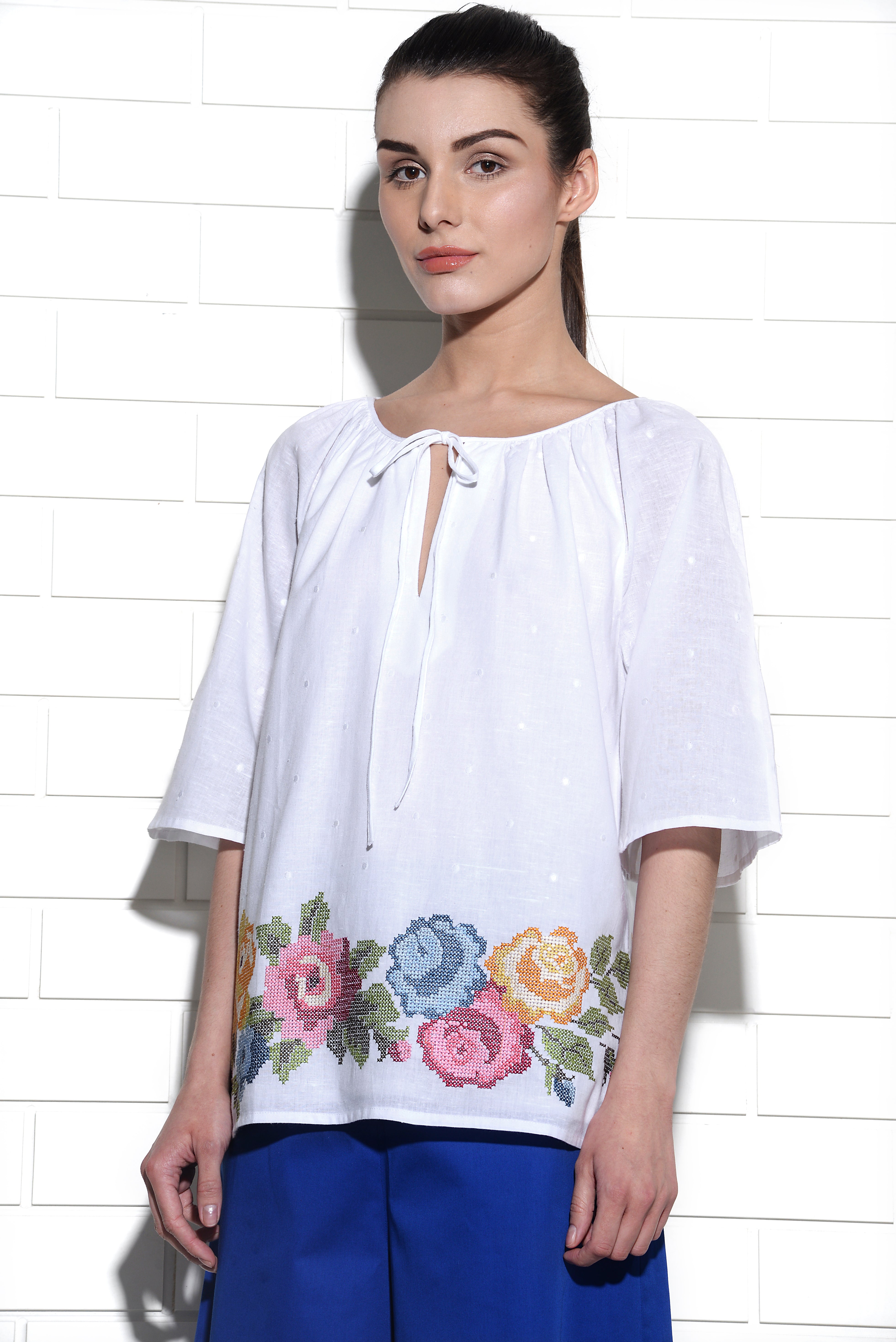 Zephyros drawstring top with rose cross stitch embroidery